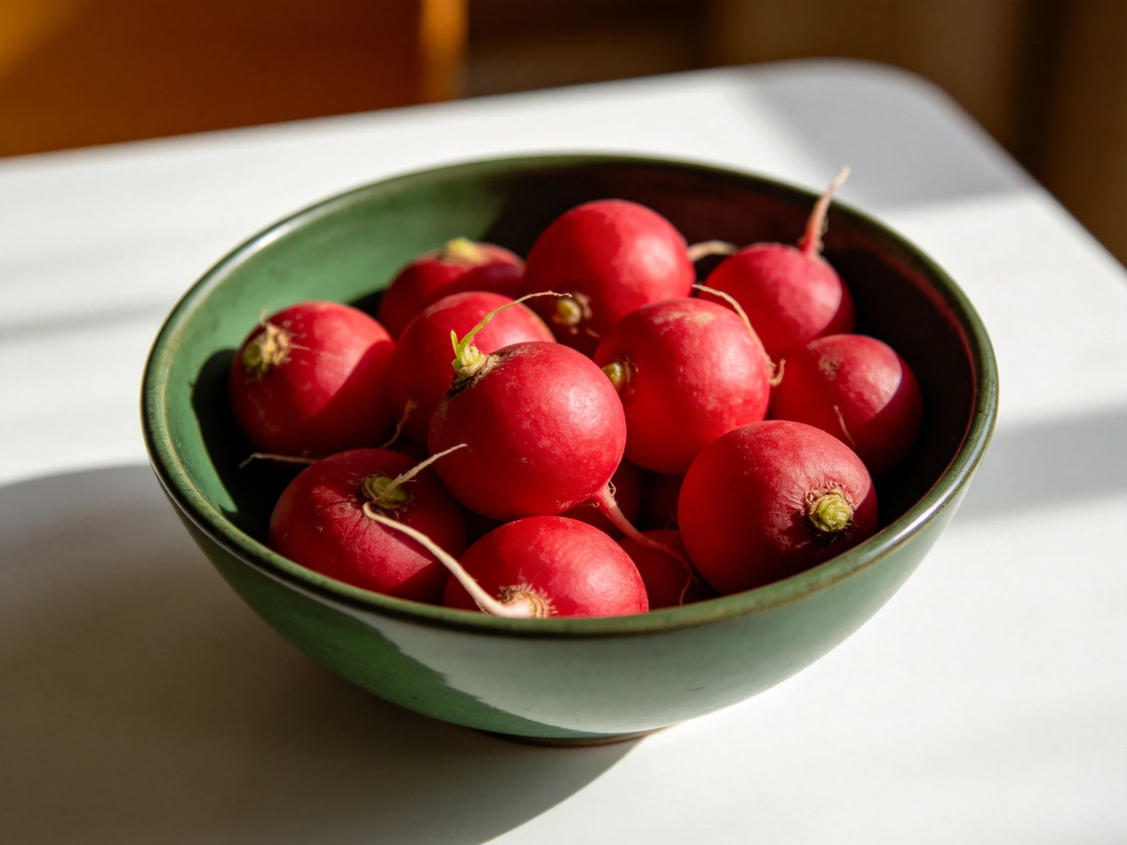 A green bowl filled with bright red round radishes on a white surface