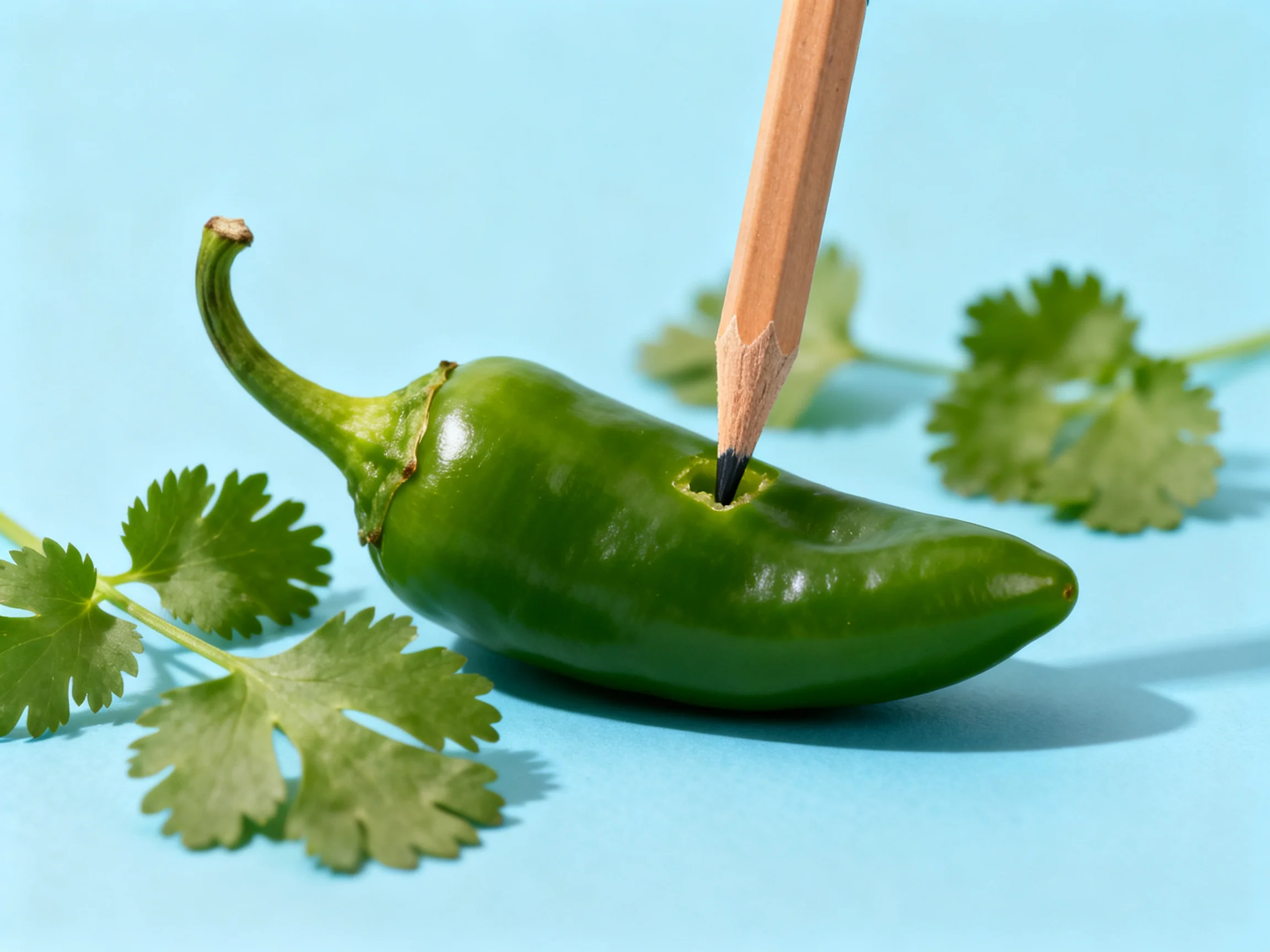 A green chili pepper pierced by a wooden pencil with cilantro leaves