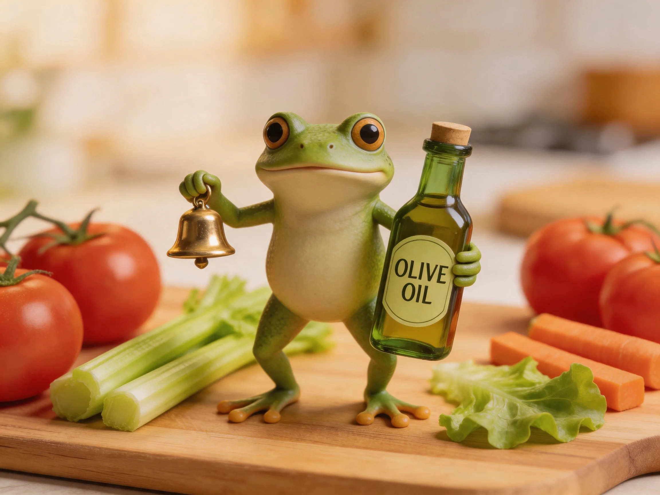 A green frog holding olive oil and a bell near fresh vegetables