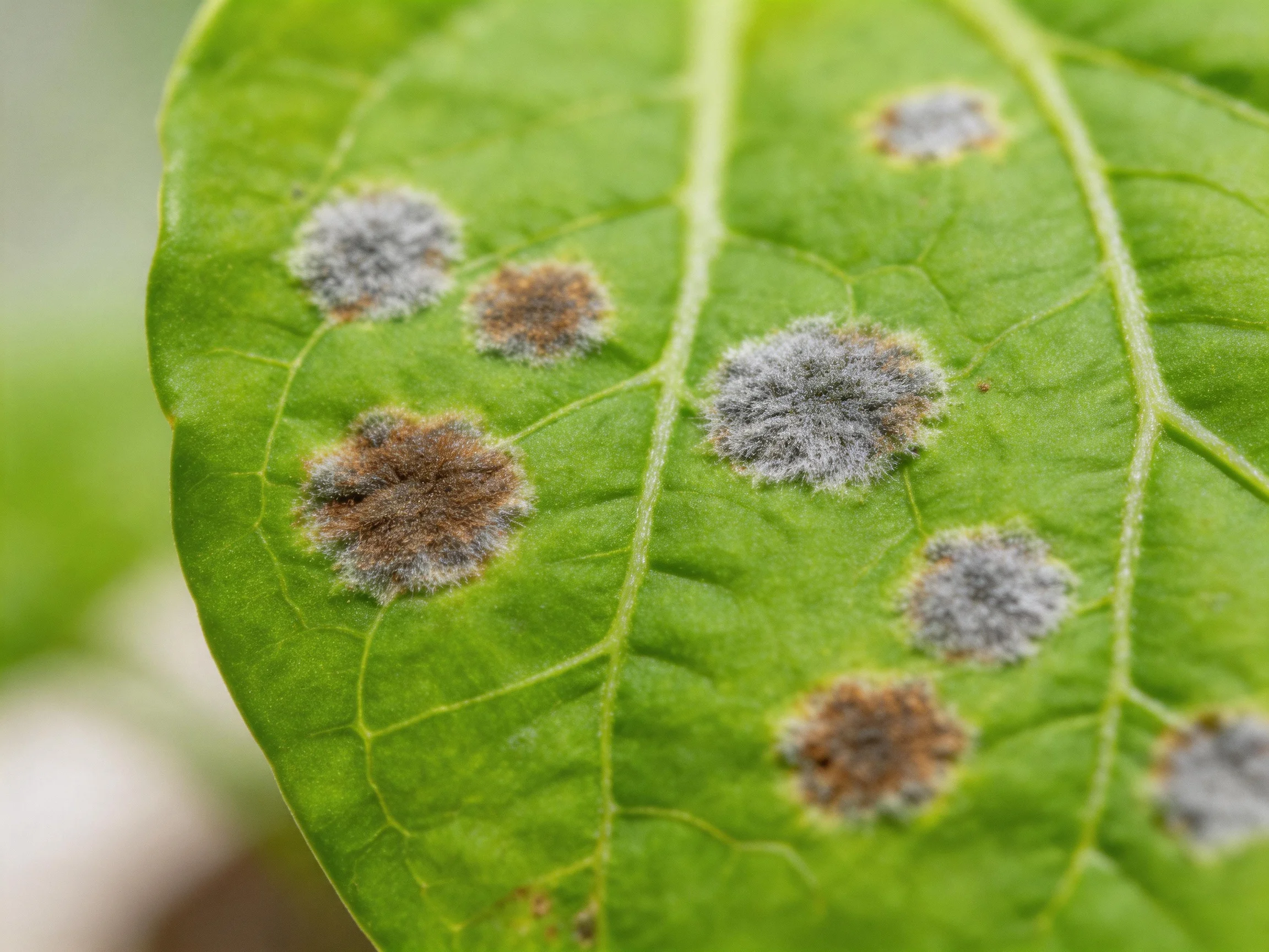 A green leaf with multiple brown and gray fungal spots