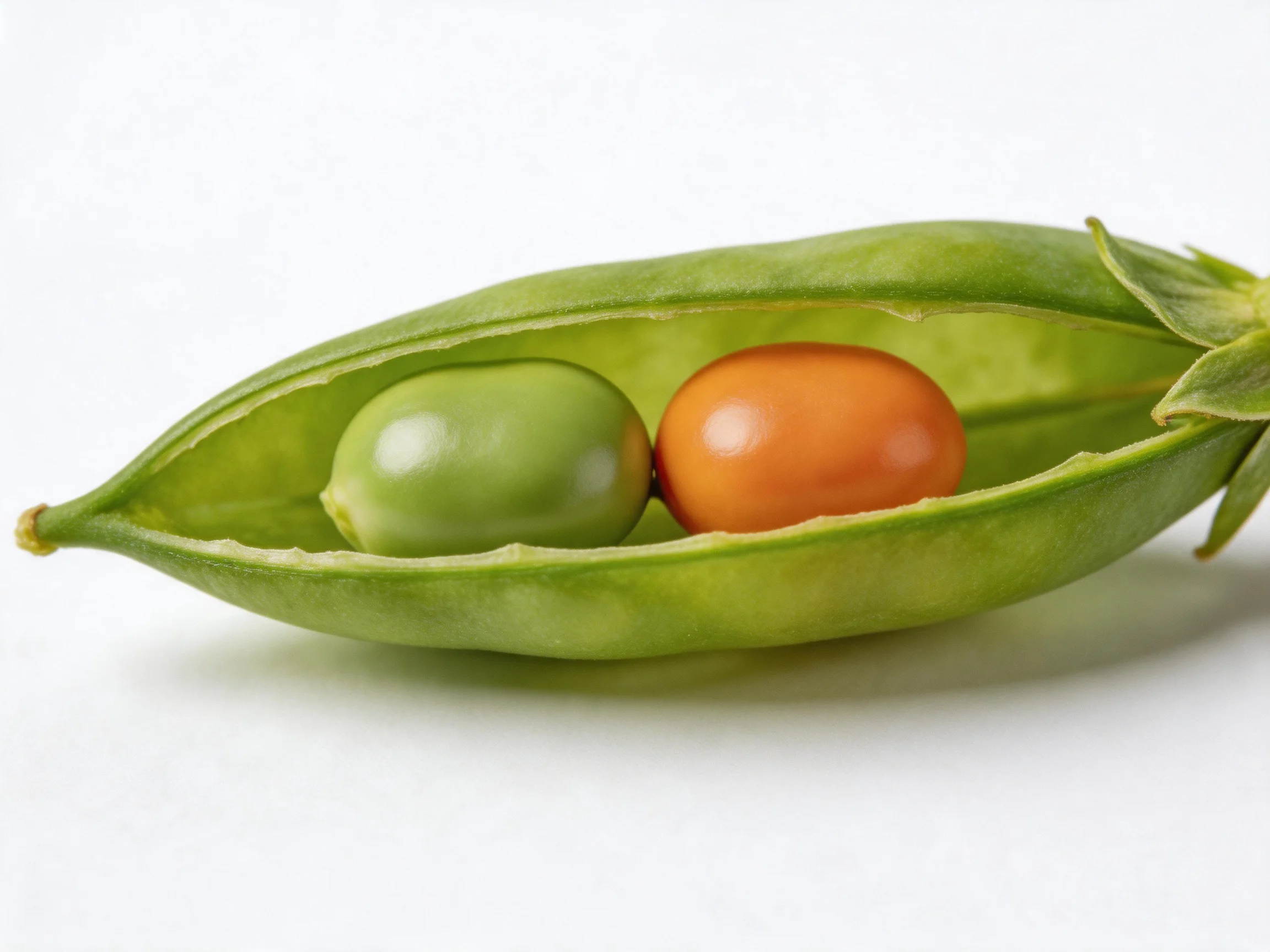 A green pea pod holding two peas, one green and one orange