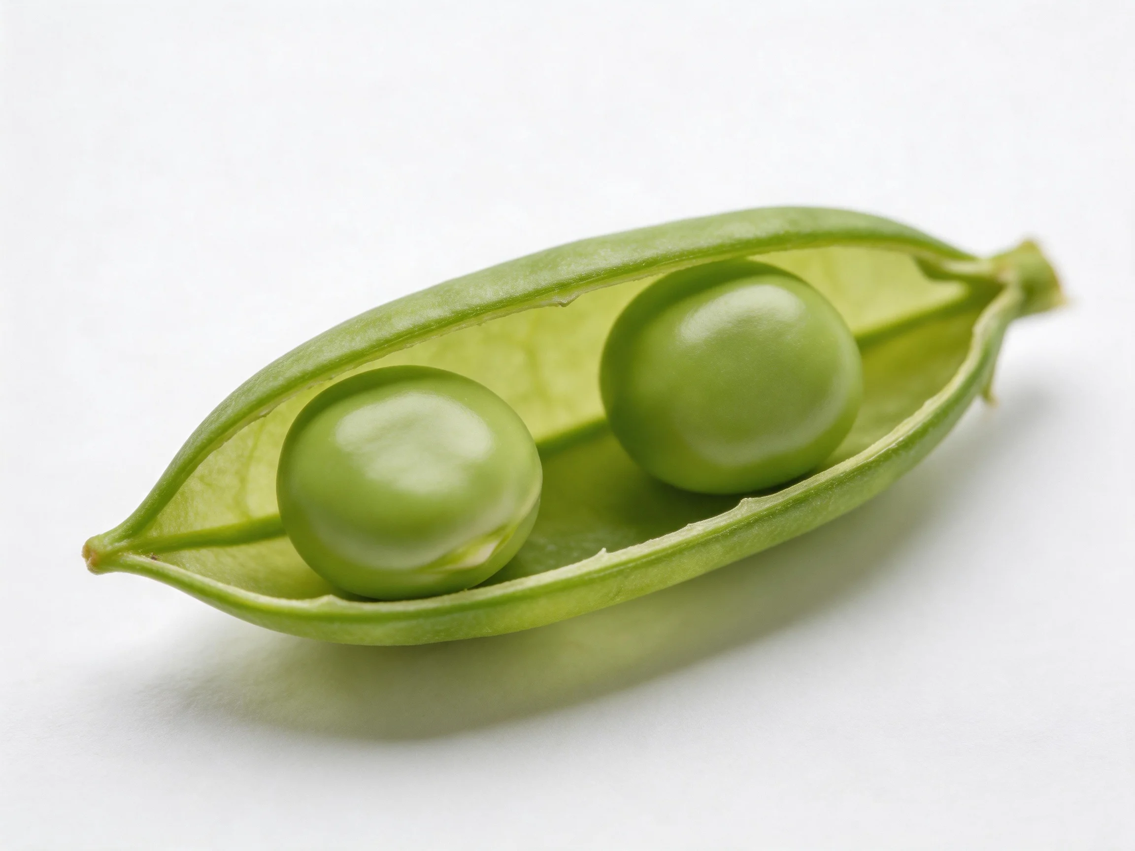 A green pea pod housing two smooth, round peas