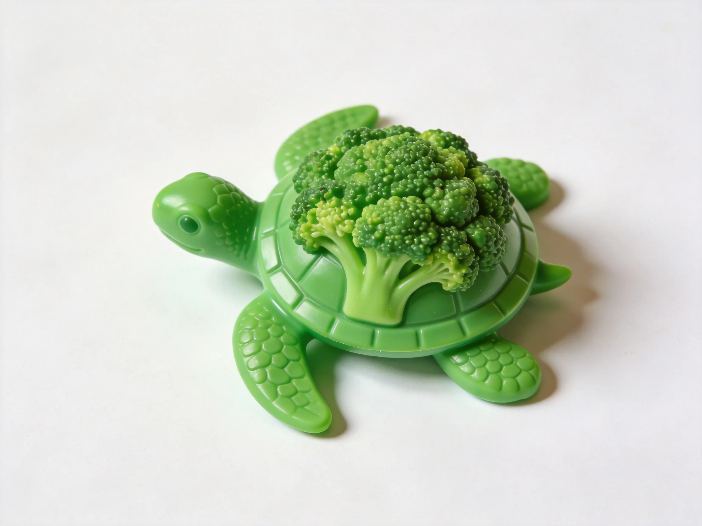 A green plastic turtle toy with broccoli atop its shell