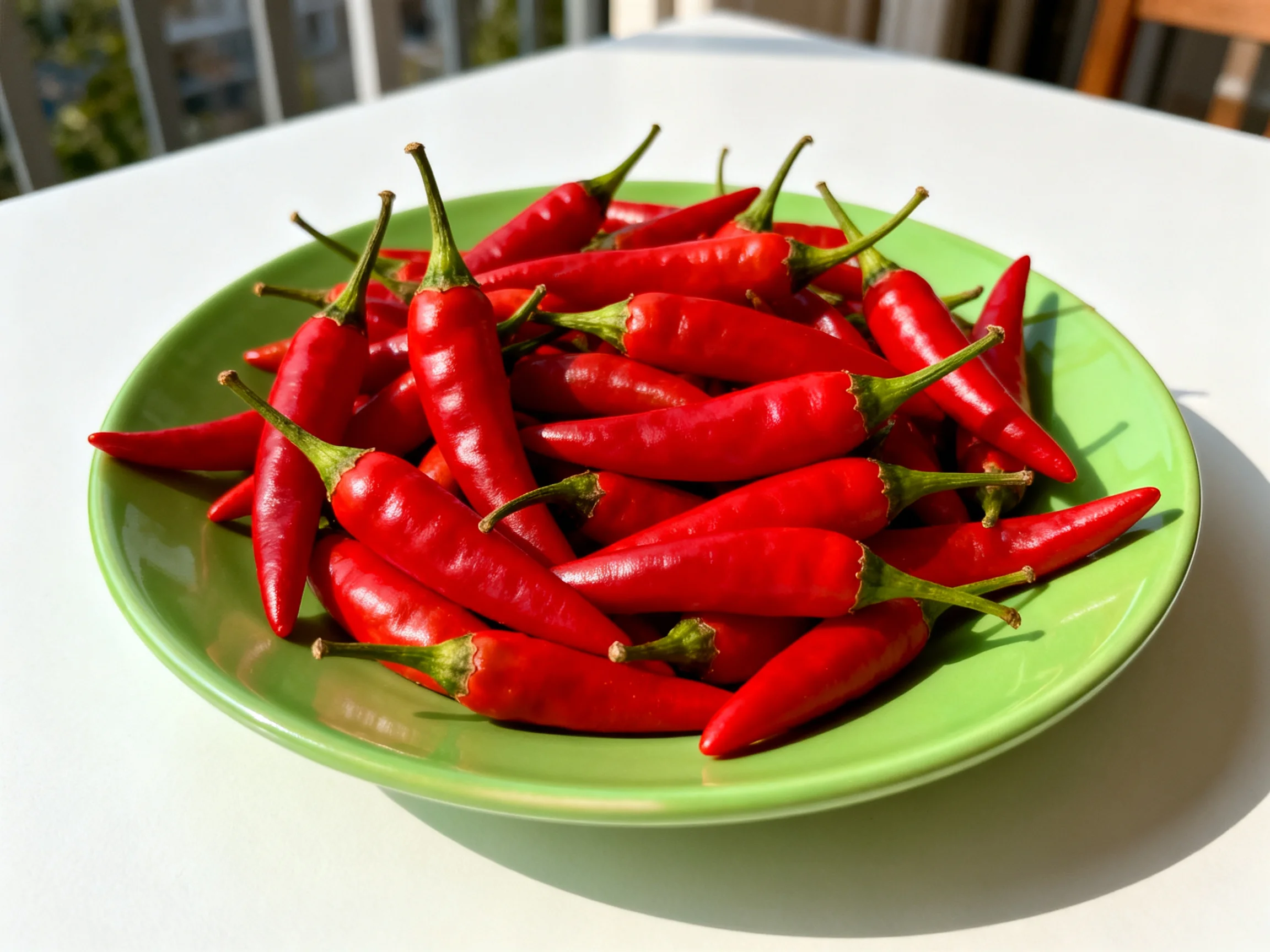 A green plate holds a large pile of bright red chili peppers