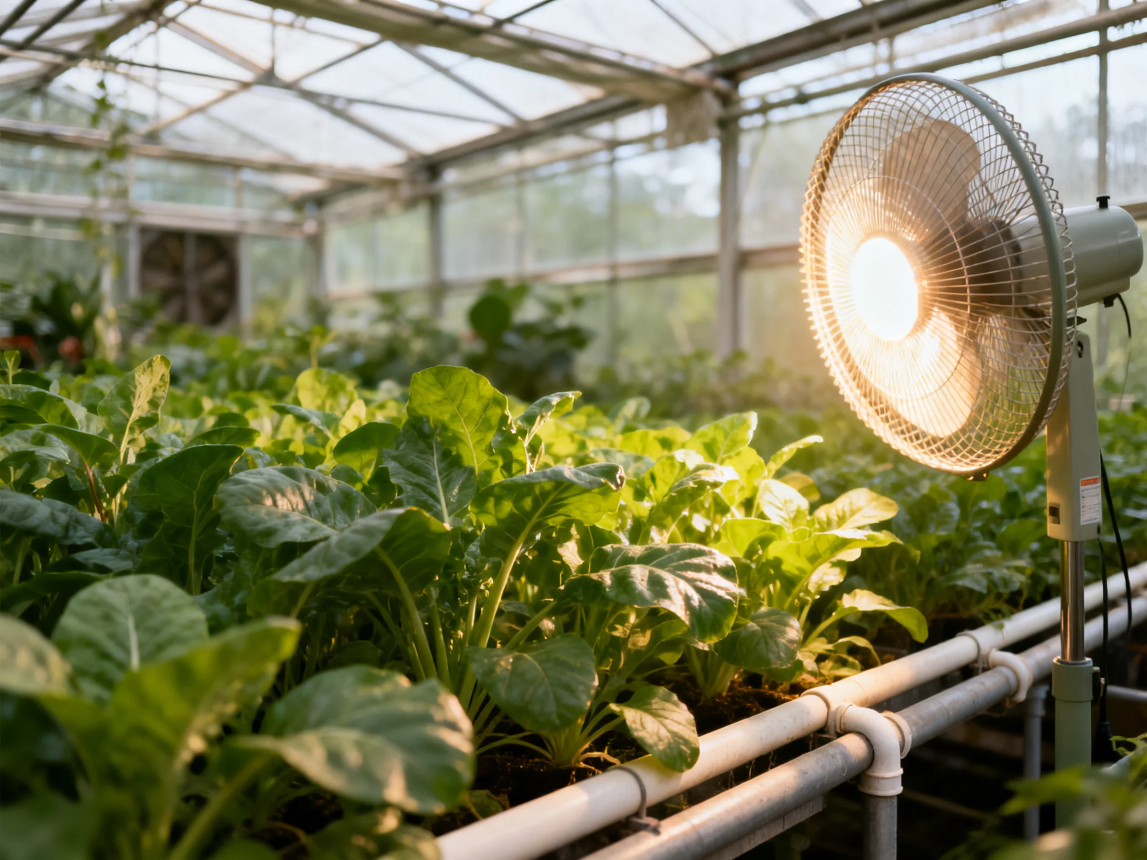 A greenhouse with abundant leafy greenery and a bright overhead fan