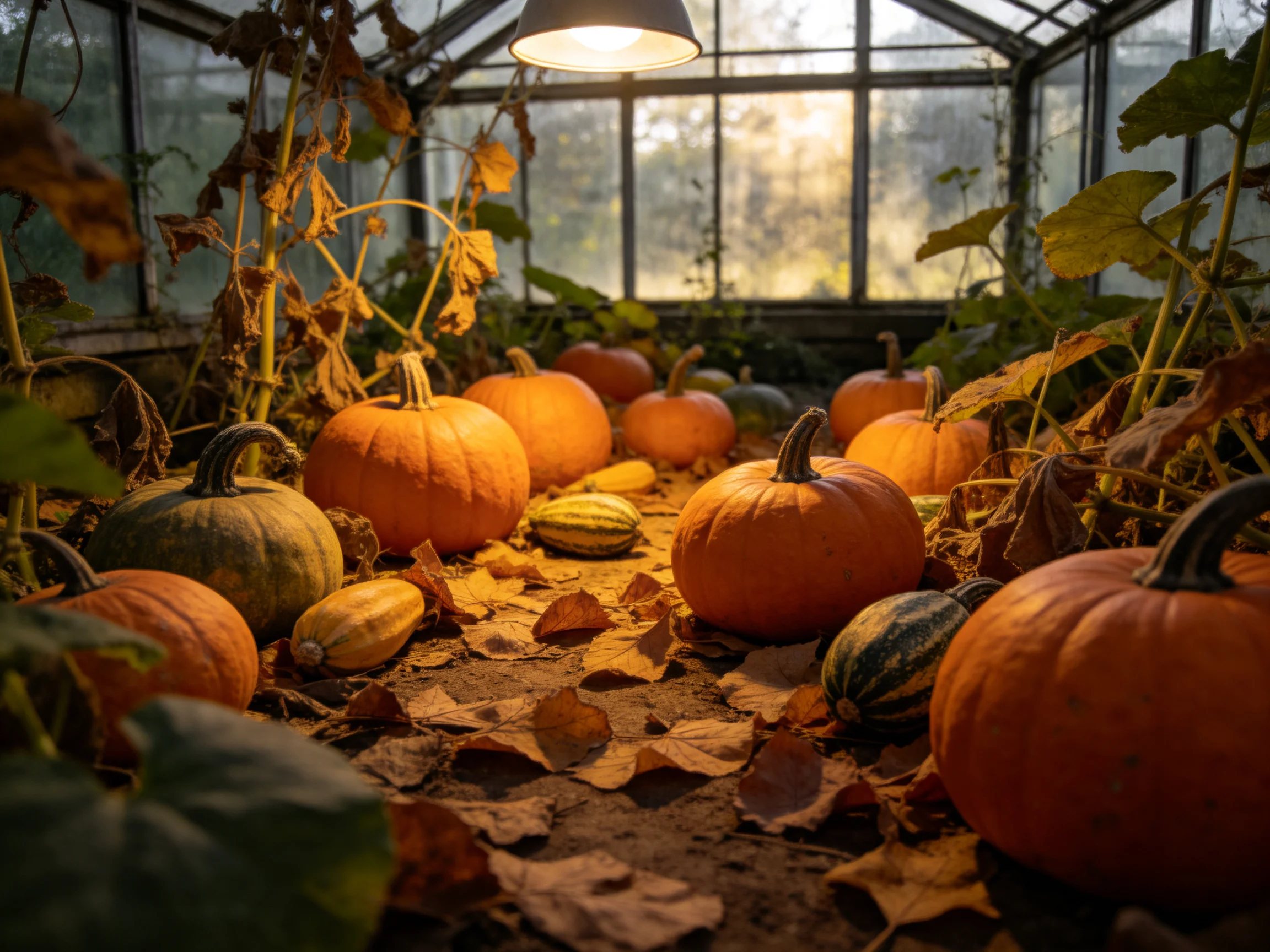 A greenhouse with multiple orange and green pumpkins, scattered autumn leaves, and warm lighting.
