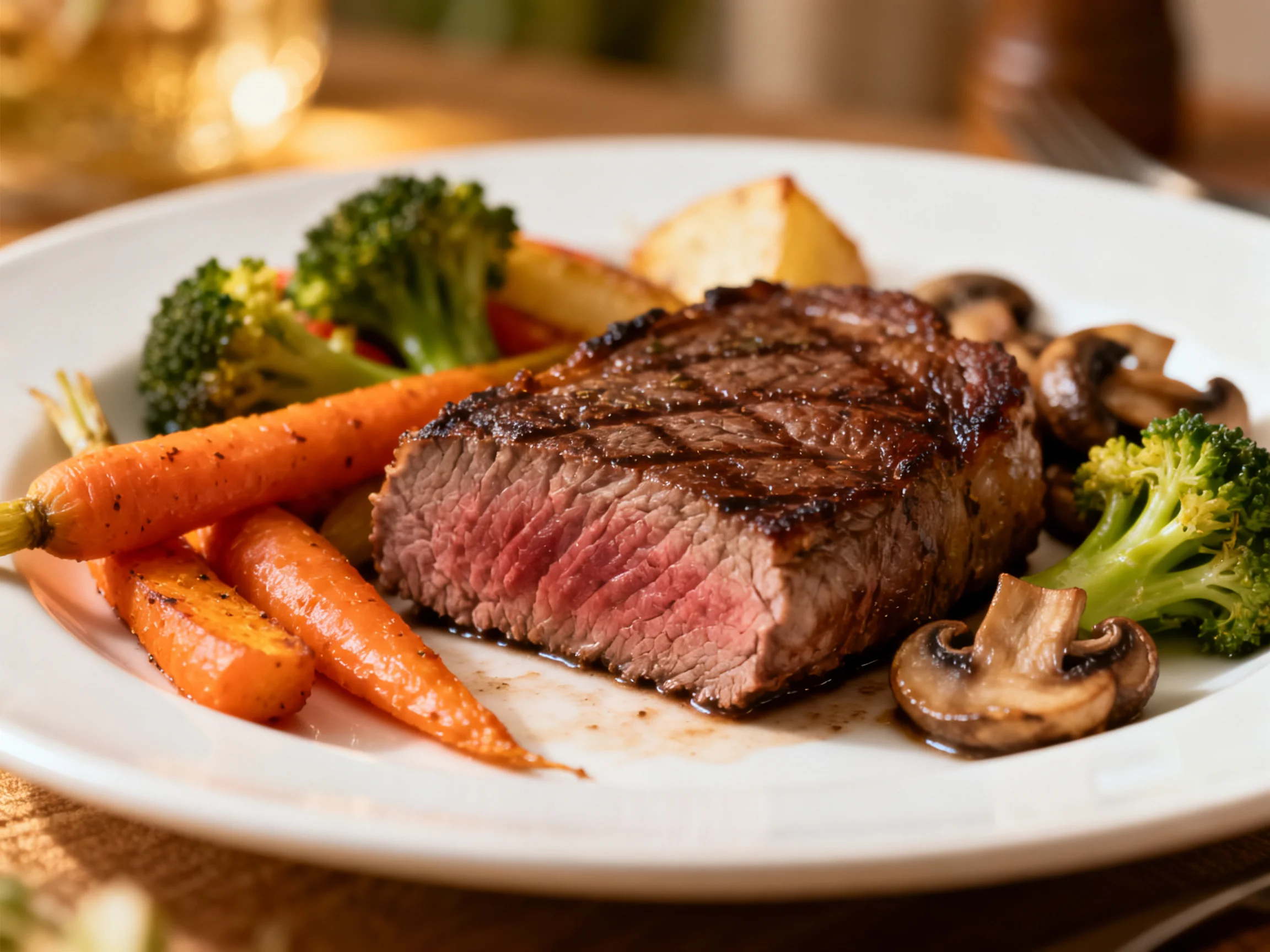 A grilled medium-rare steak served with roasted vegetables on a white plate