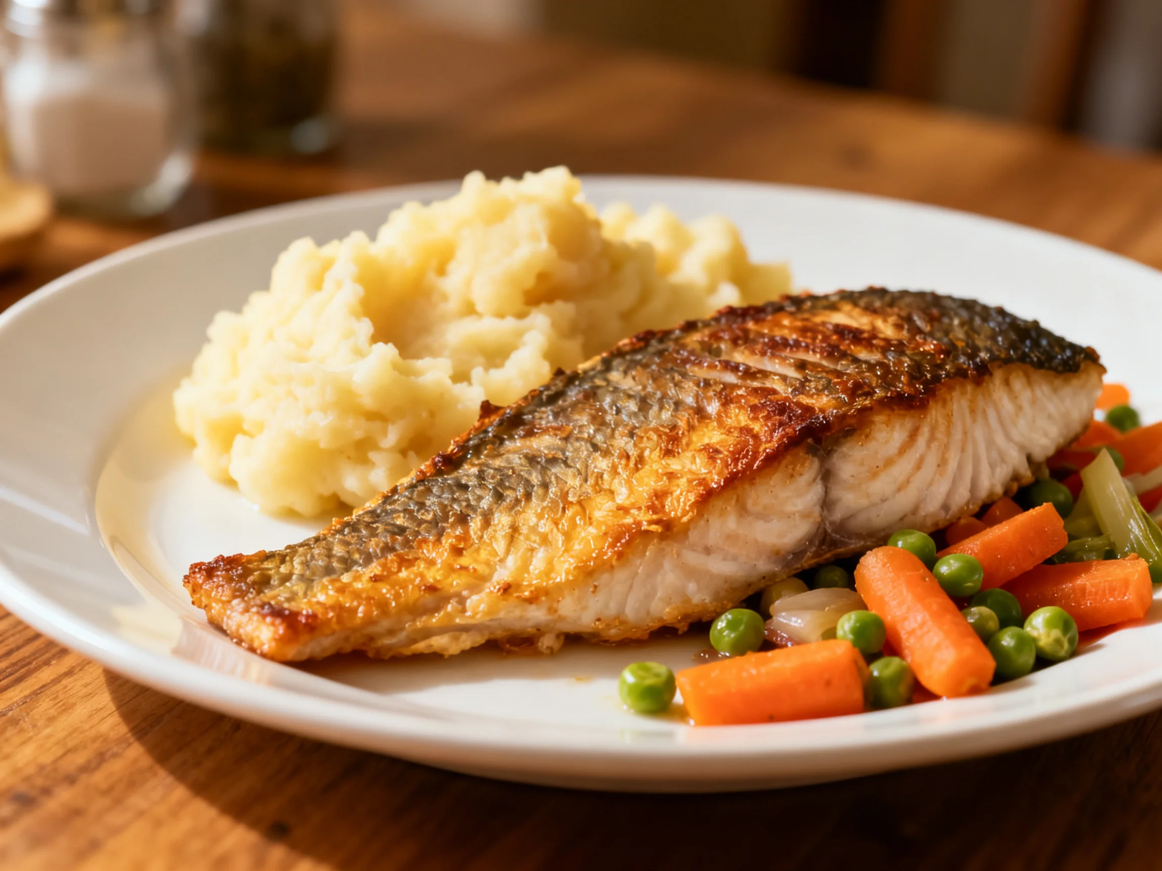 A grilled salmon fillet served with creamy mashed potatoes and mixed vegetables