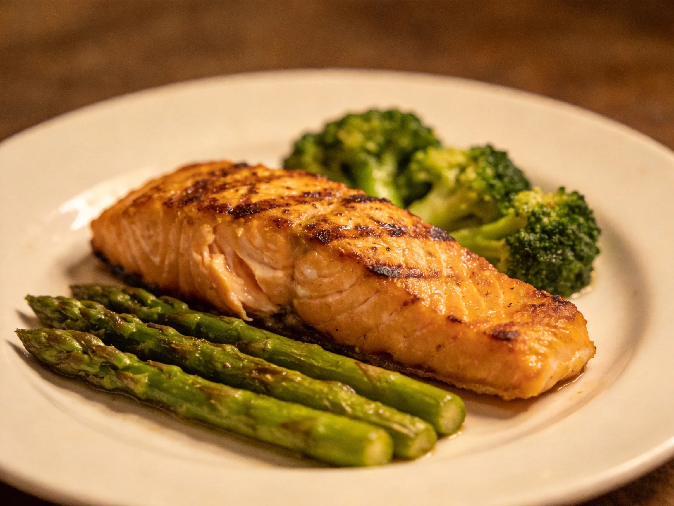 A grilled salmon fillet served with steamed asparagus and broccoli