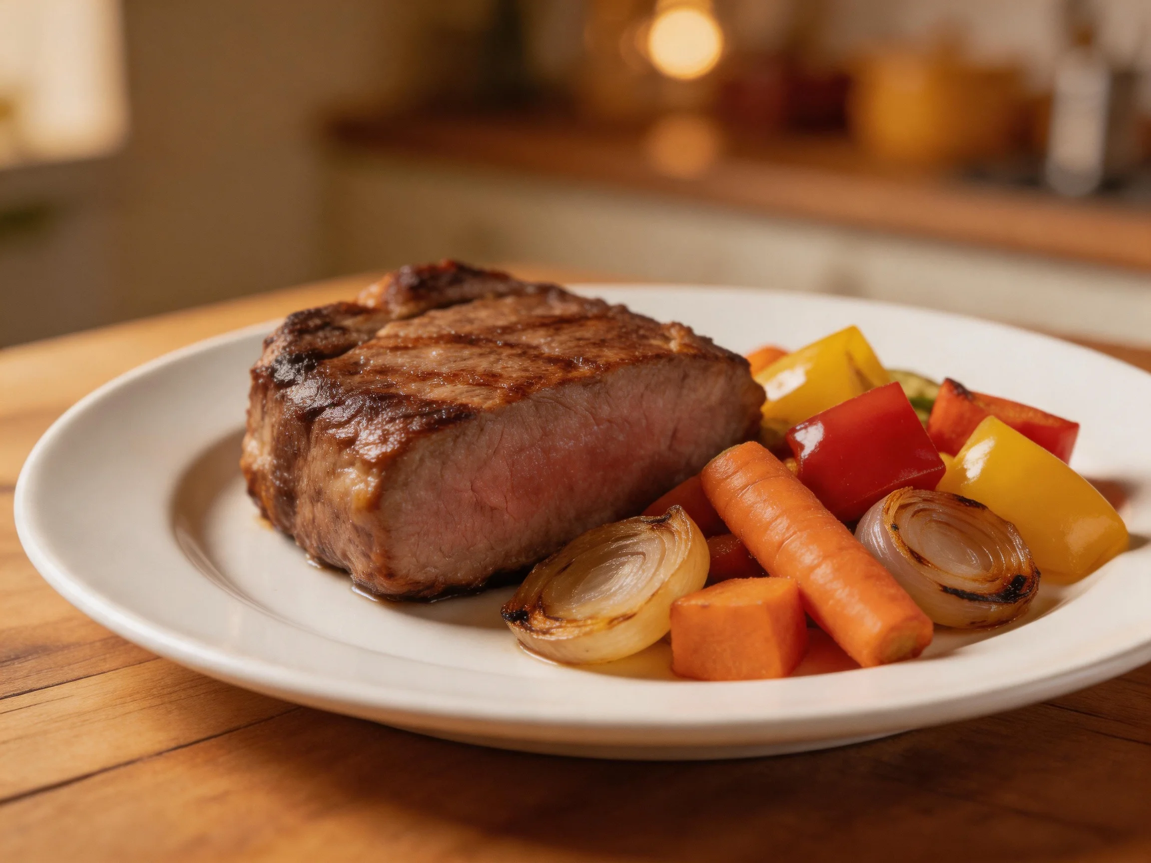 A grilled steak served with roasted bell peppers, carrots, and onions on a white plate