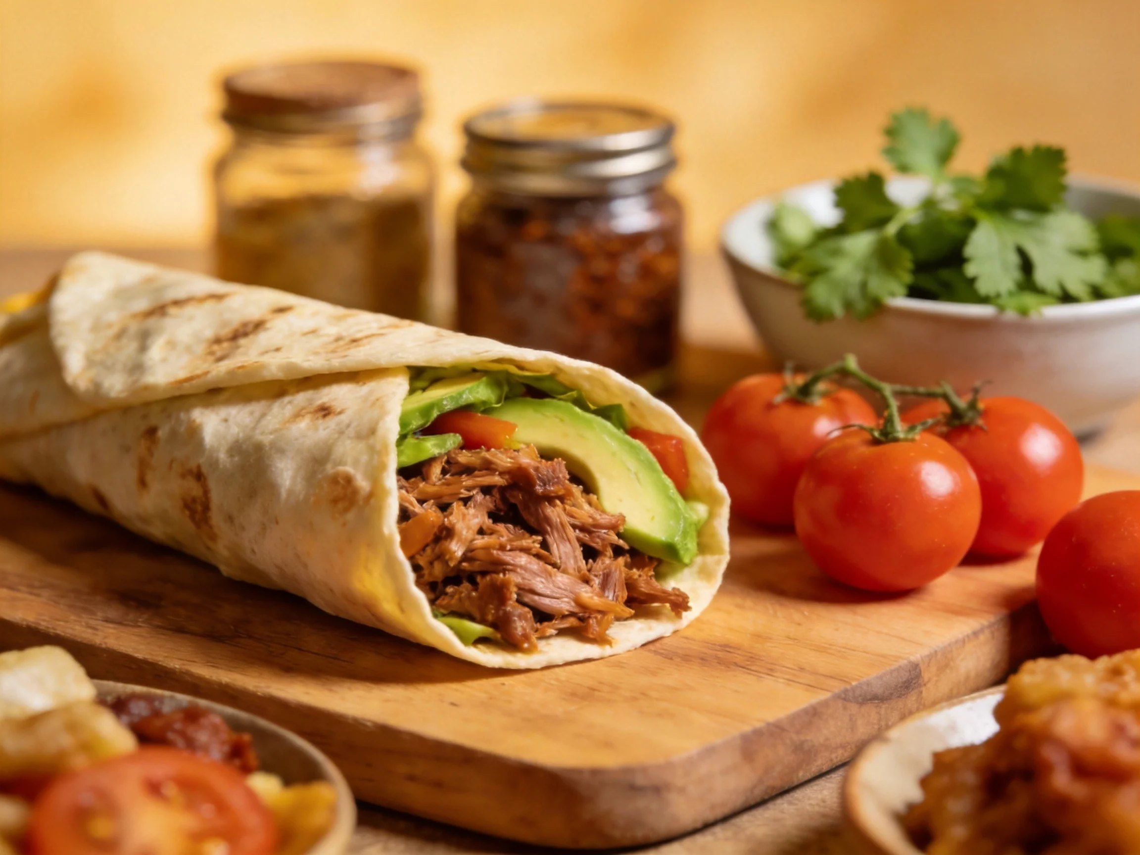 A grilled tortilla wrap with shredded beef, avocado, and tomatoes displayed on a wooden board