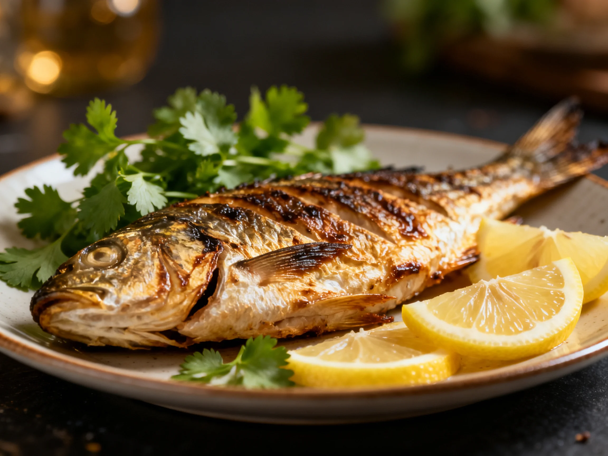 A grilled whole fish served with lemon wedges and fresh cilantro on a ceramic plate