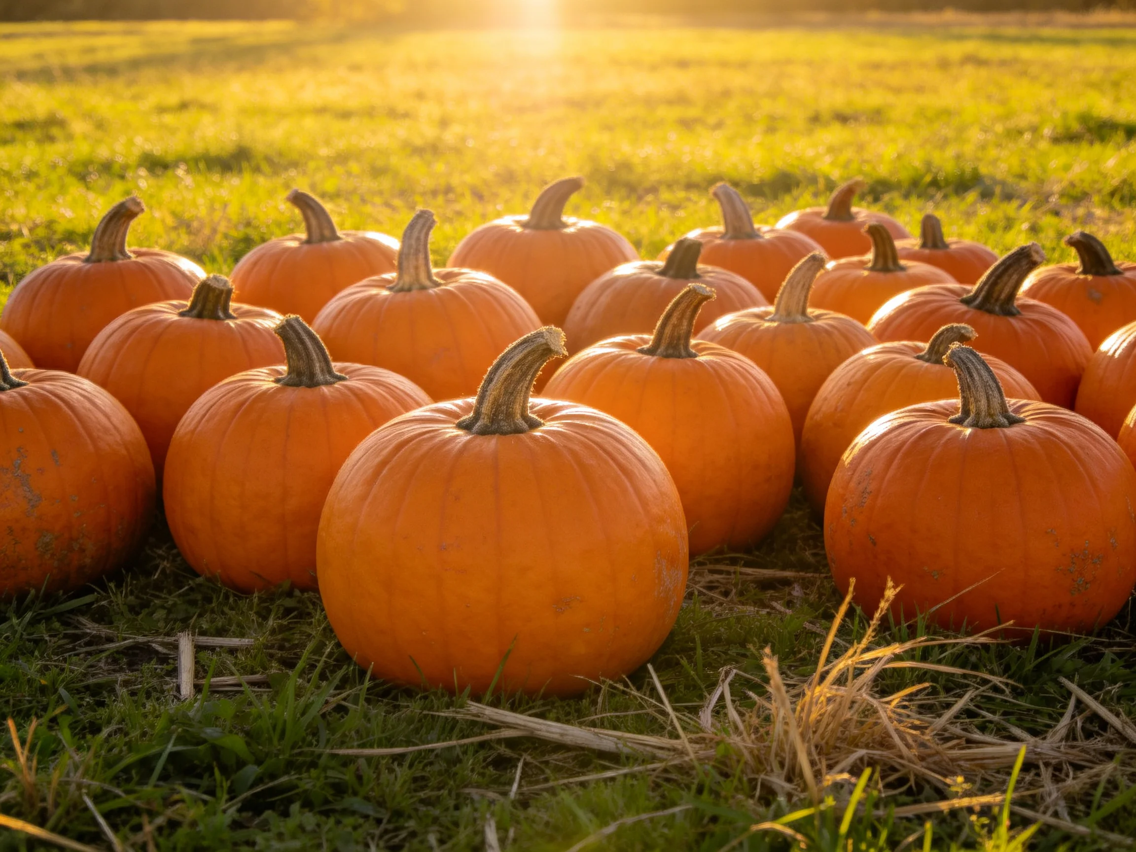 A group of bright orange pumpkins arranged on a sunlit grassy field