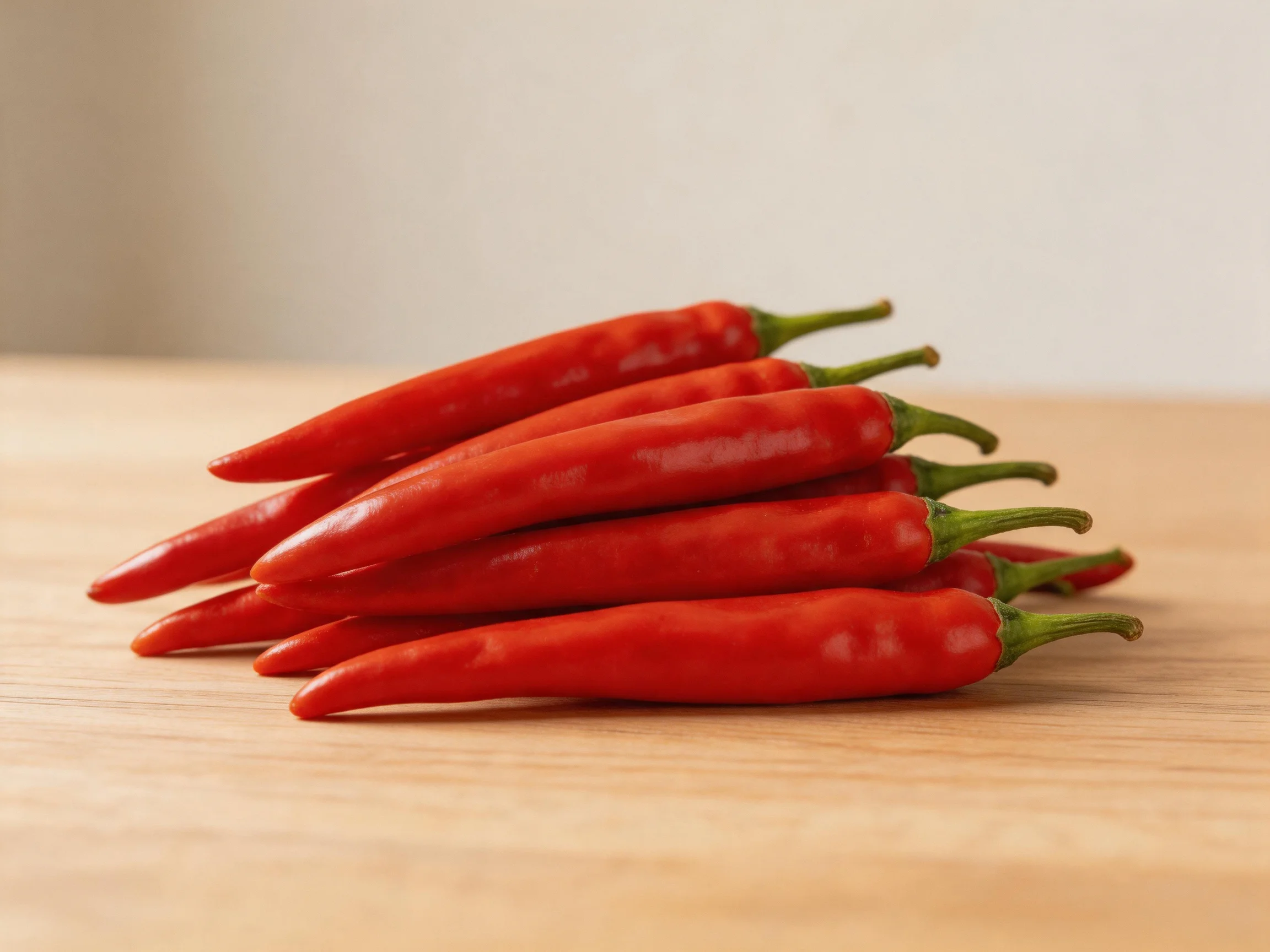 A group of bright red chili peppers arranged on a wooden surface