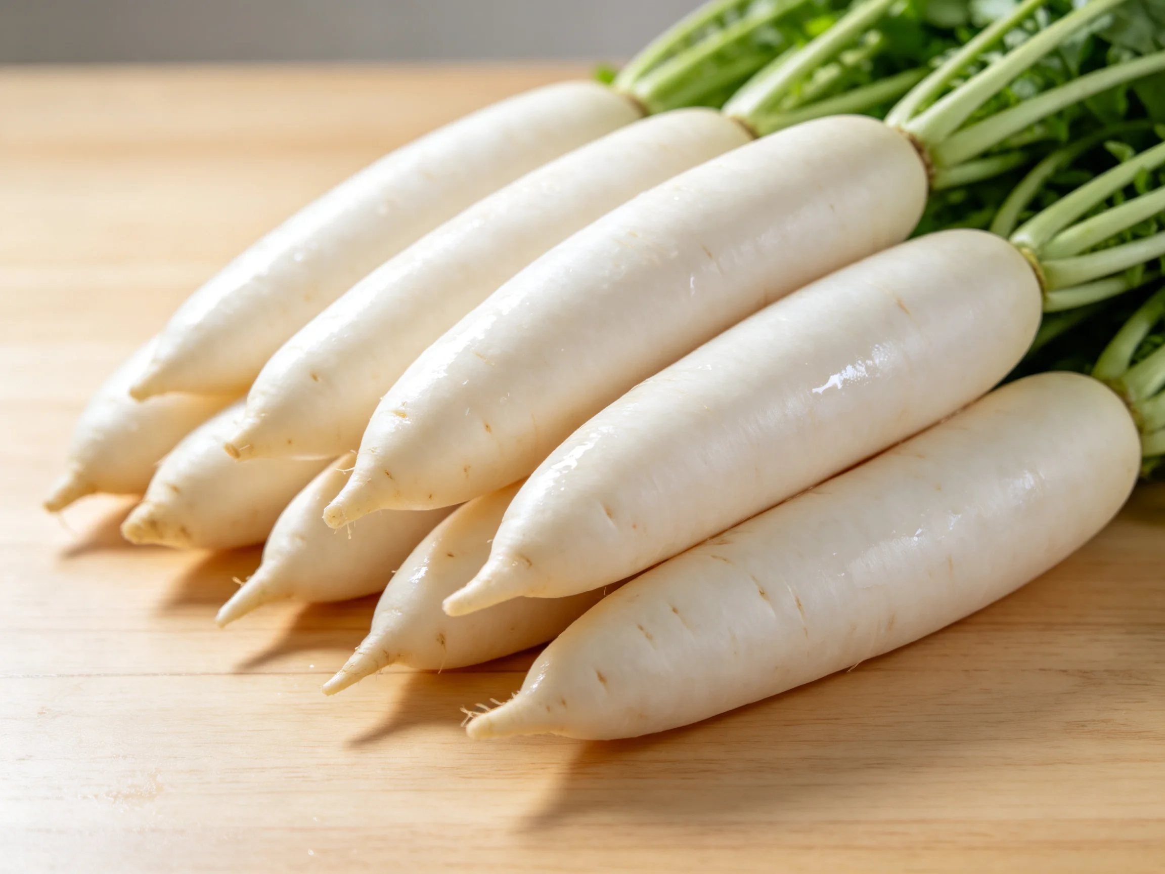 A group of fresh white daikon radishes with green tops on a wooden surface