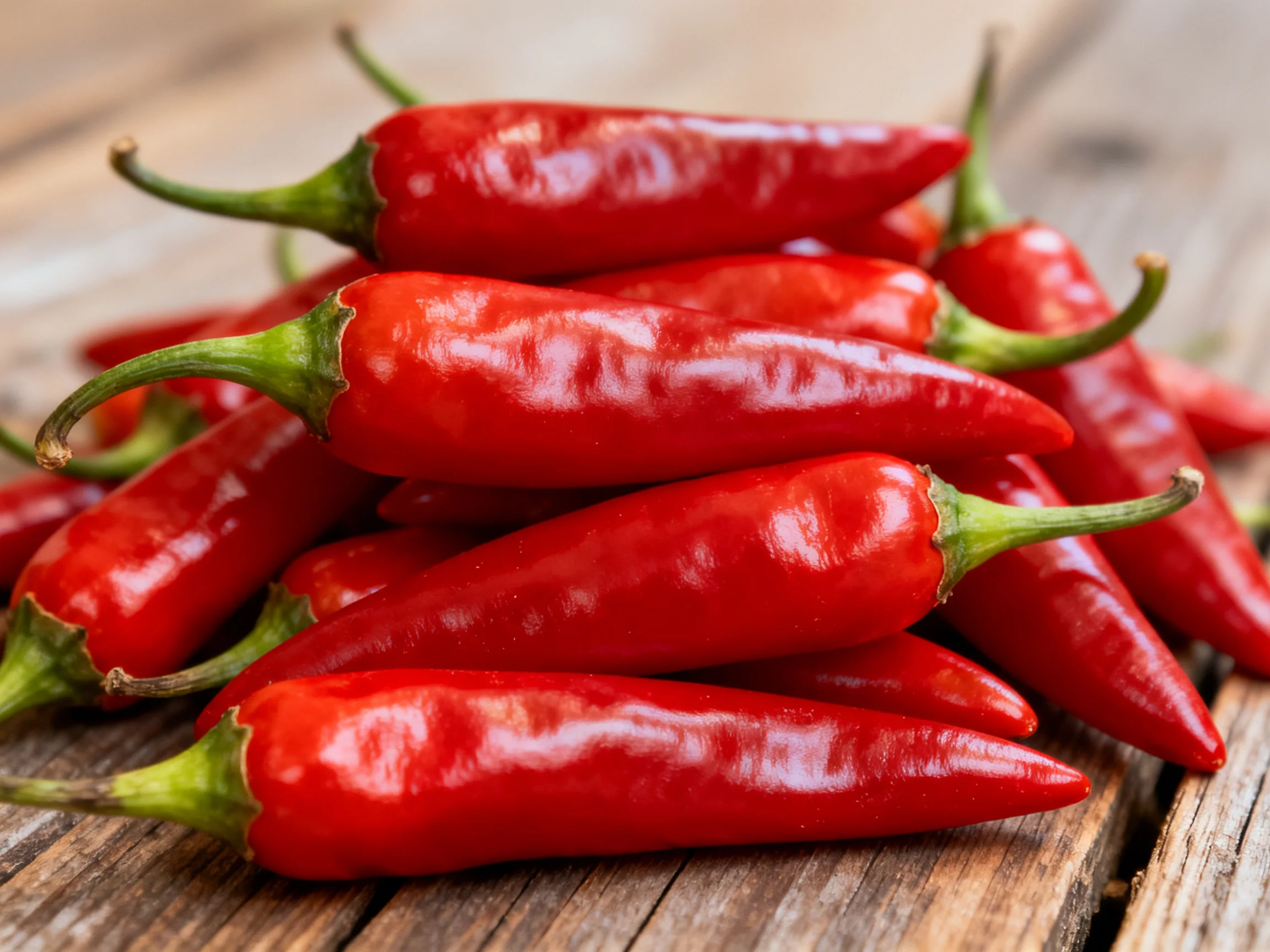 A group of glossy red chili peppers stacked on a wooden surface