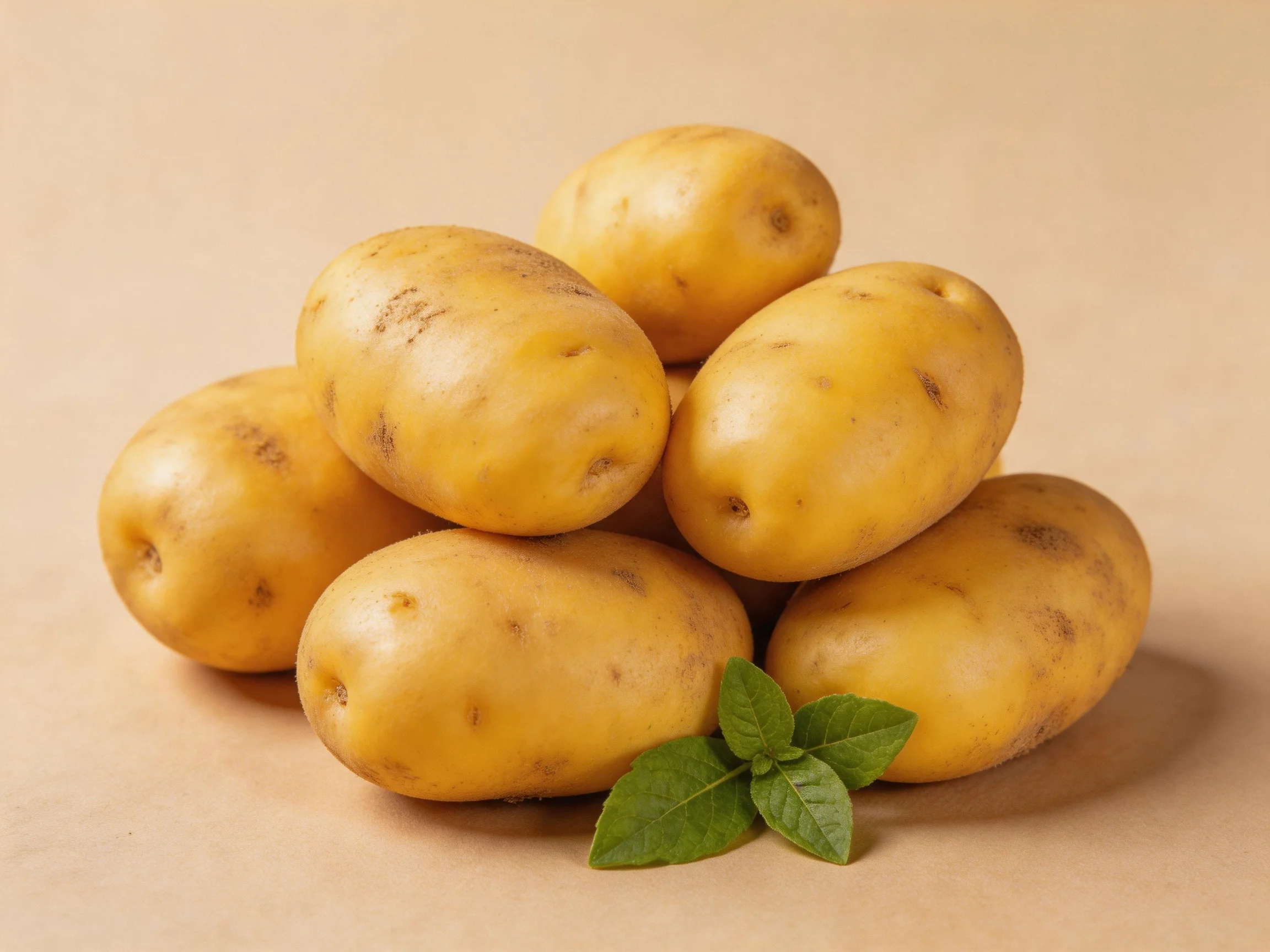 A group of golden-yellow potatoes with fresh green mint leaves
