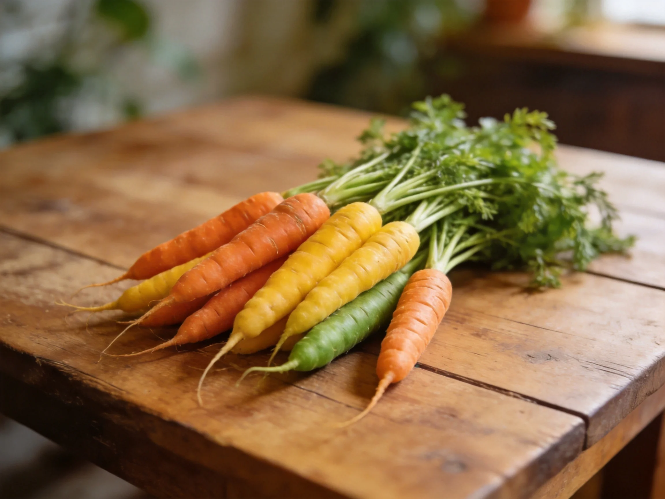 A group of multicolored carrots rests on a wooden table