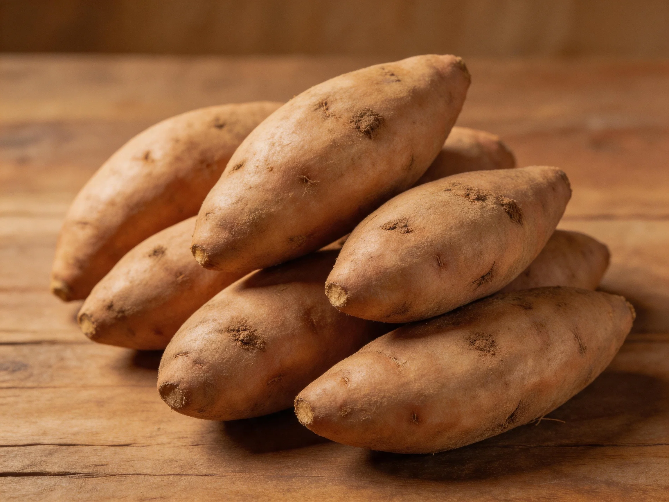A group of orange-hued sweet potatoes piled on a wooden surface