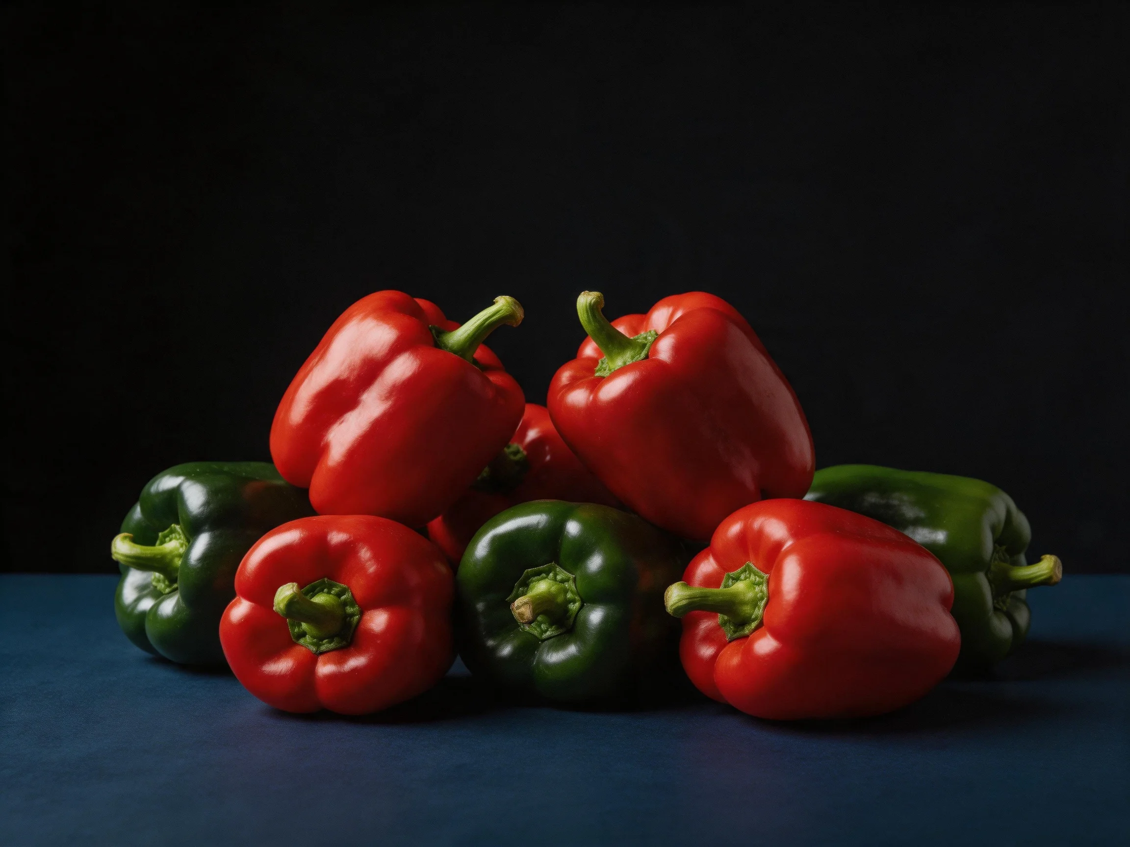 A group of vibrant red and dark green bell peppers arranged on a blue surface