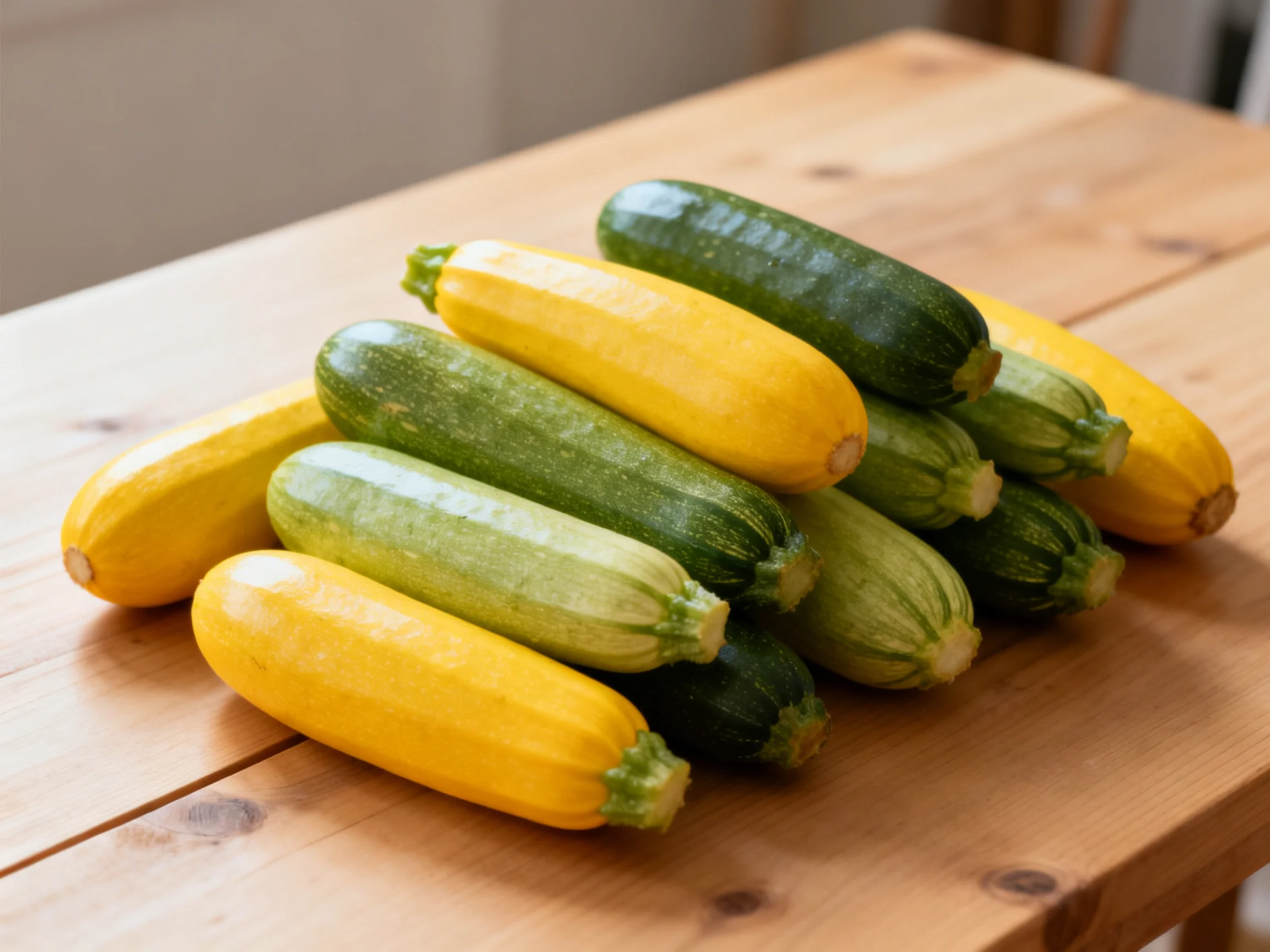 A group of yellow and dark greenzucchinis arranged on a wooden surface