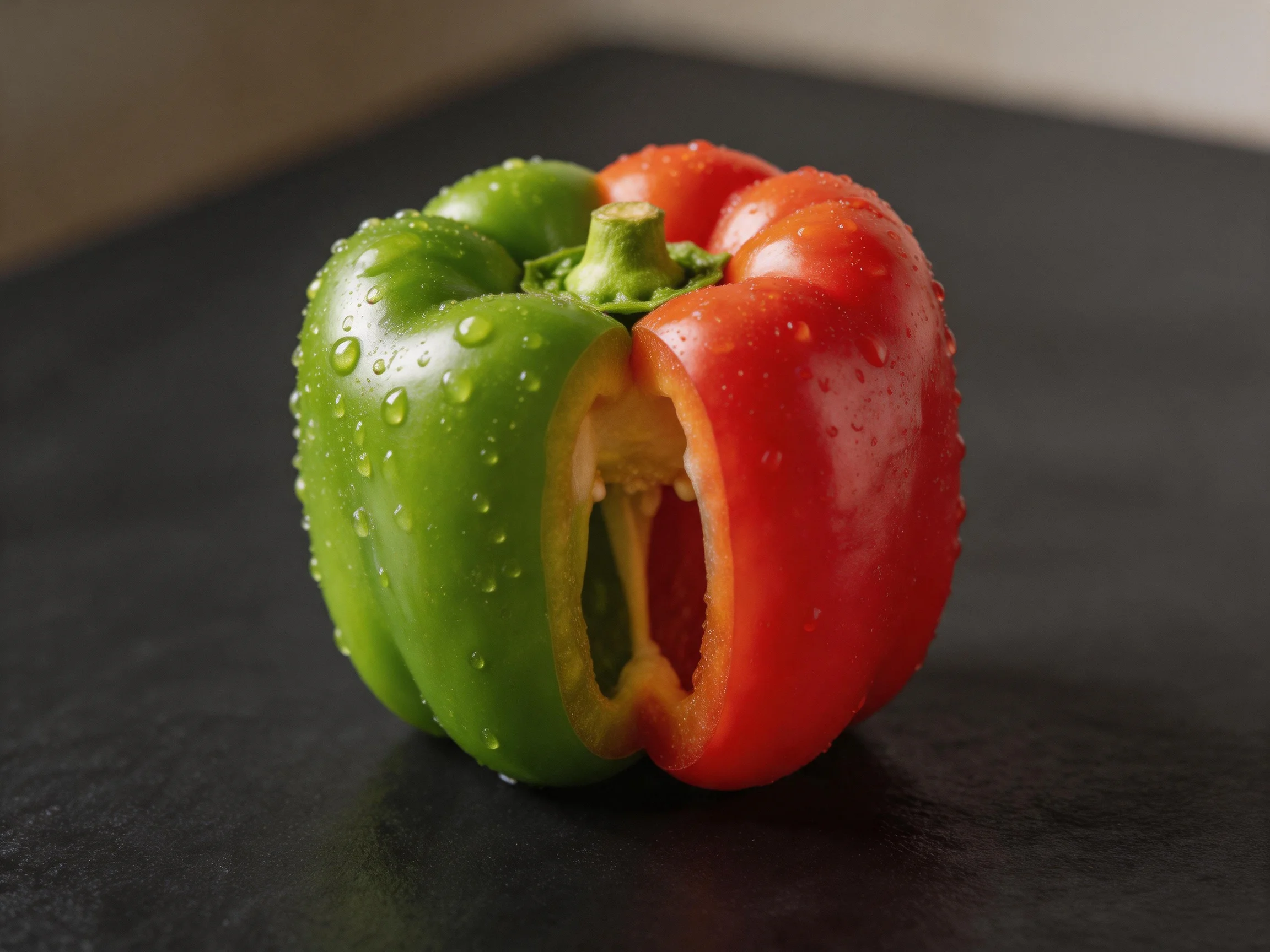 A half-green, half-red bell pepper with water droplets on a dark surface