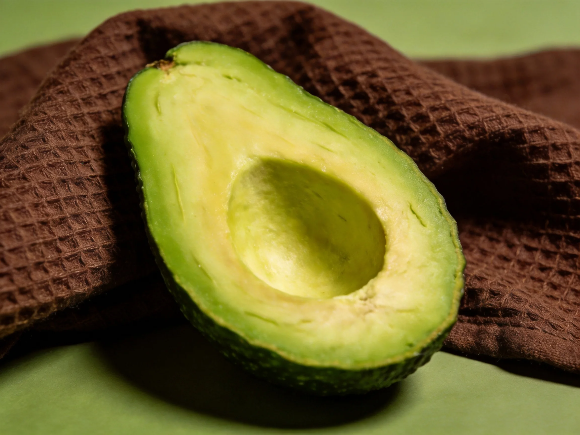 A halved avocado with creamy green flesh rests on a textured brown towel
