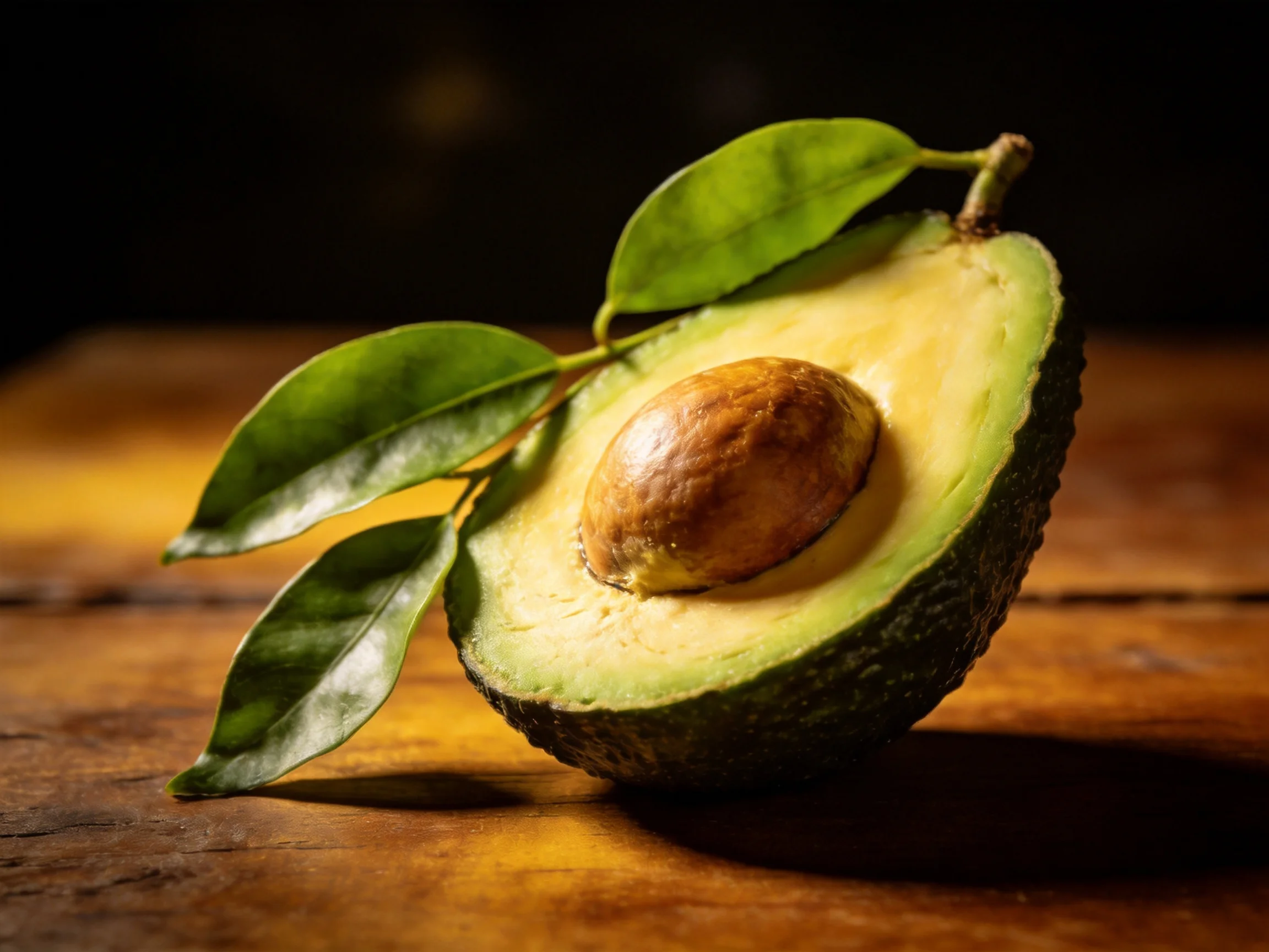 A halved avocado with vibrant green flesh, brown pit, and fresh leaves on a wooden surface