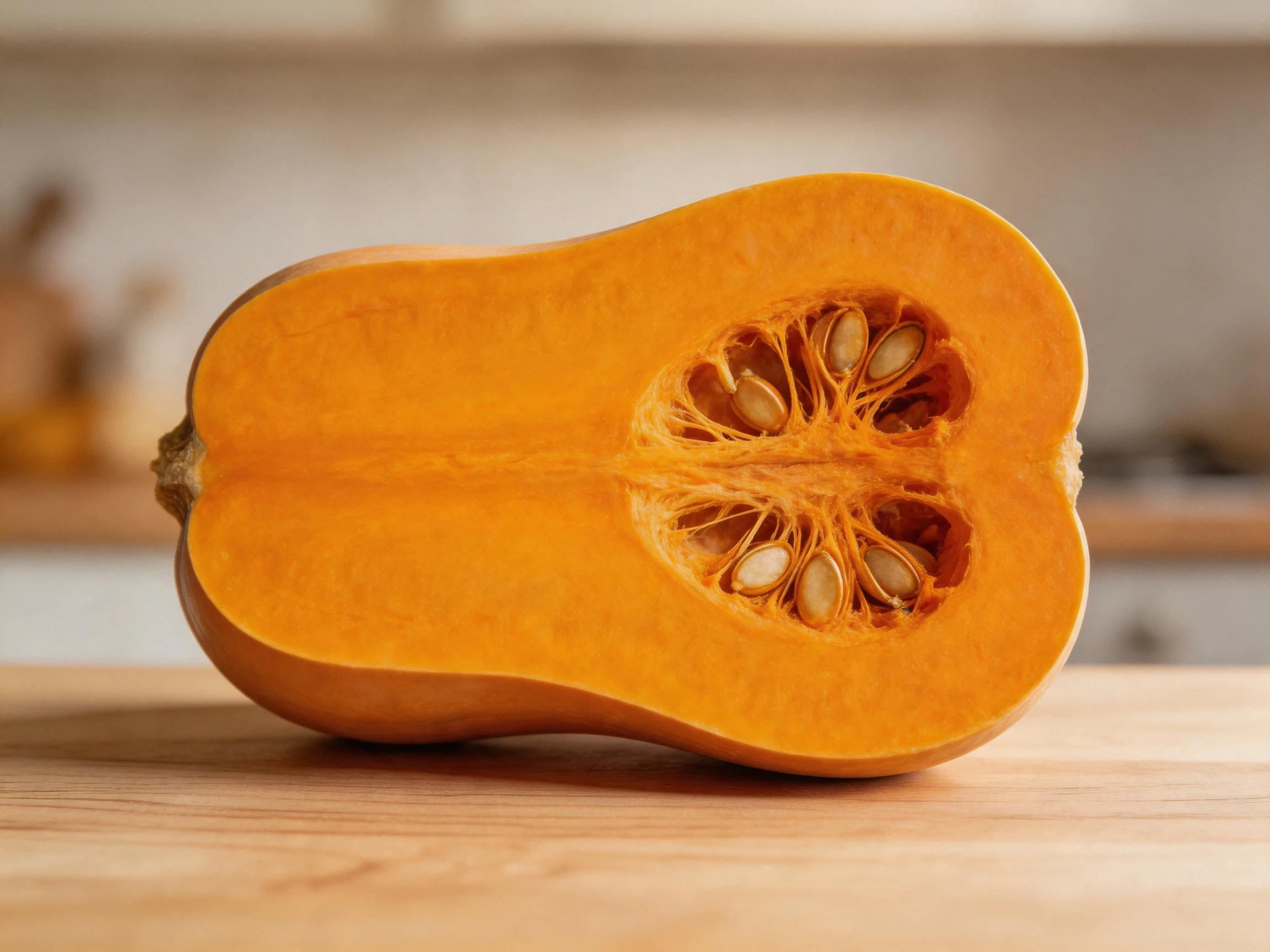 A halved butternut squash shows vibrant orange flesh and seeds