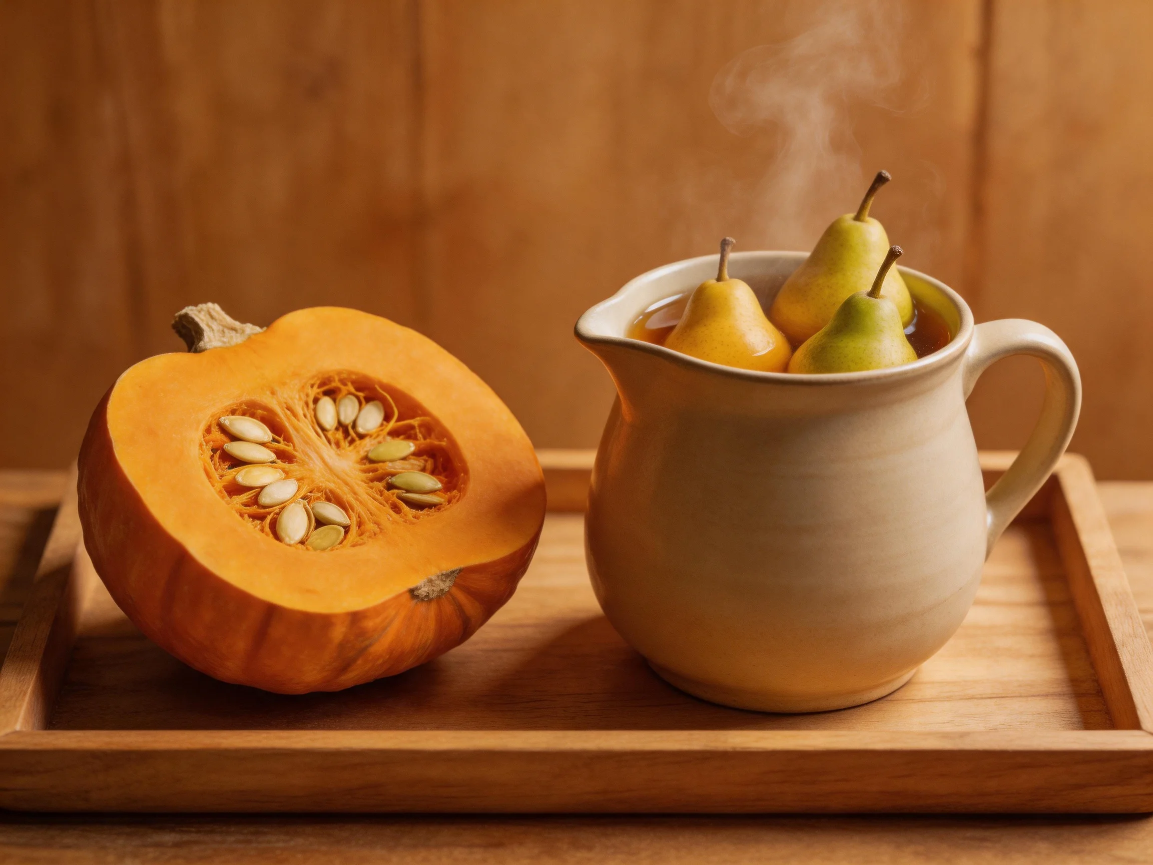 A halved orange pumpkin rests beside a pitcher with steaming pears