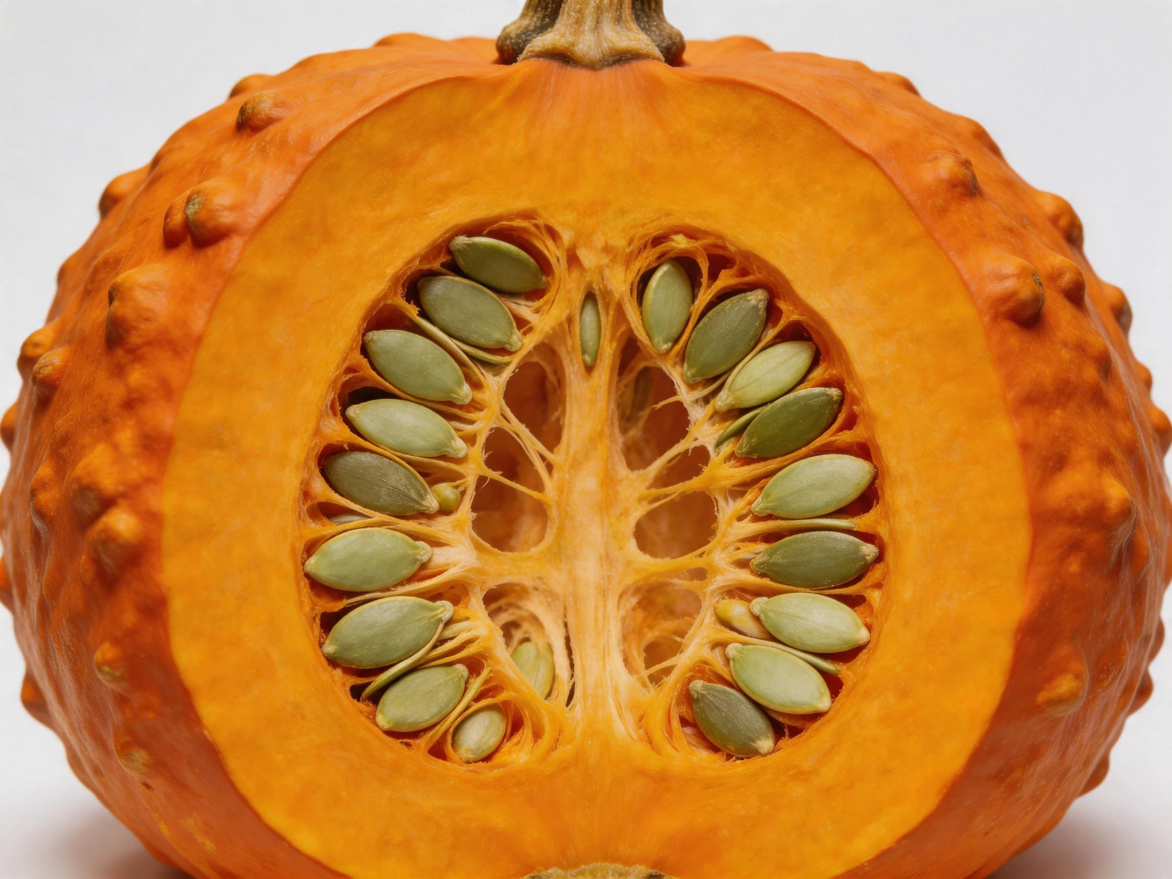 A halved orange pumpkin with green seeds and textured rind