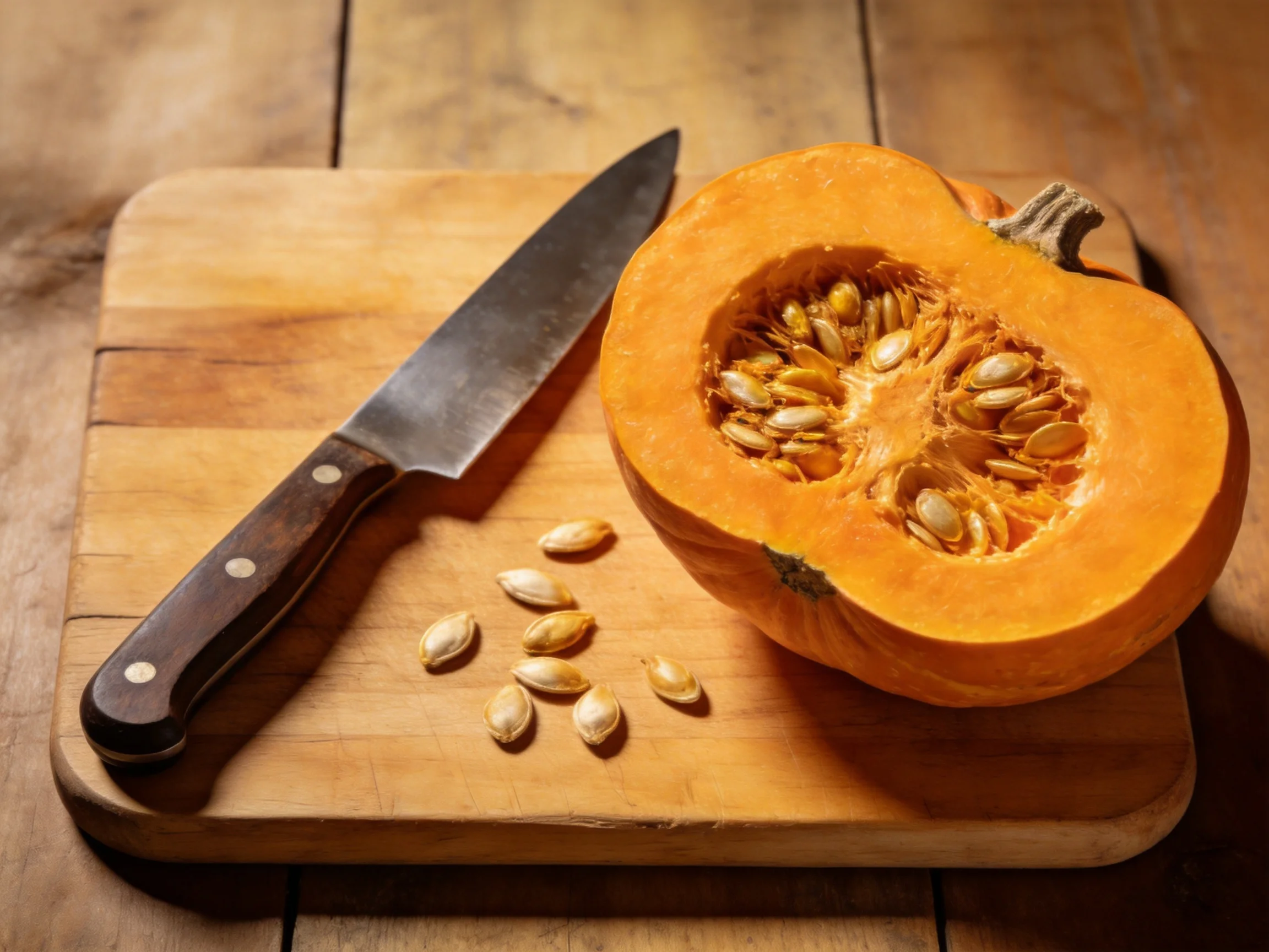 A halved orange pumpkin with seeds, knife, and wooden cutting board