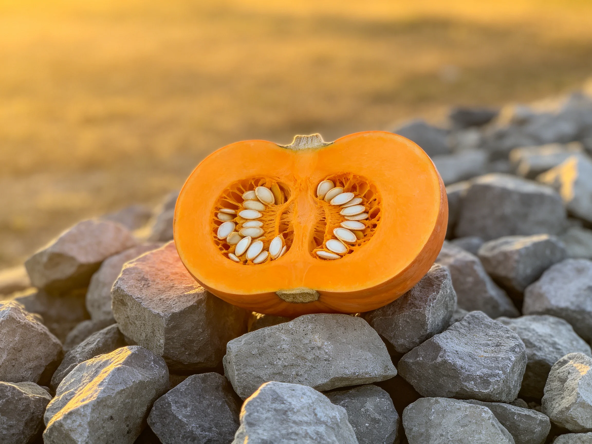 A halved orange squash rests on gray rocks under golden light.