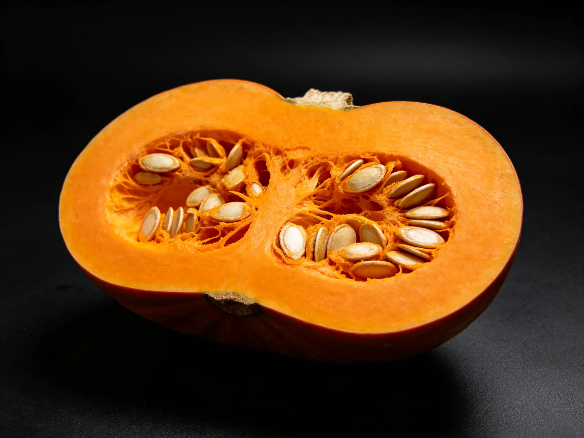A halved orange squash displays its seeds and bright interior against a dark backdrop.