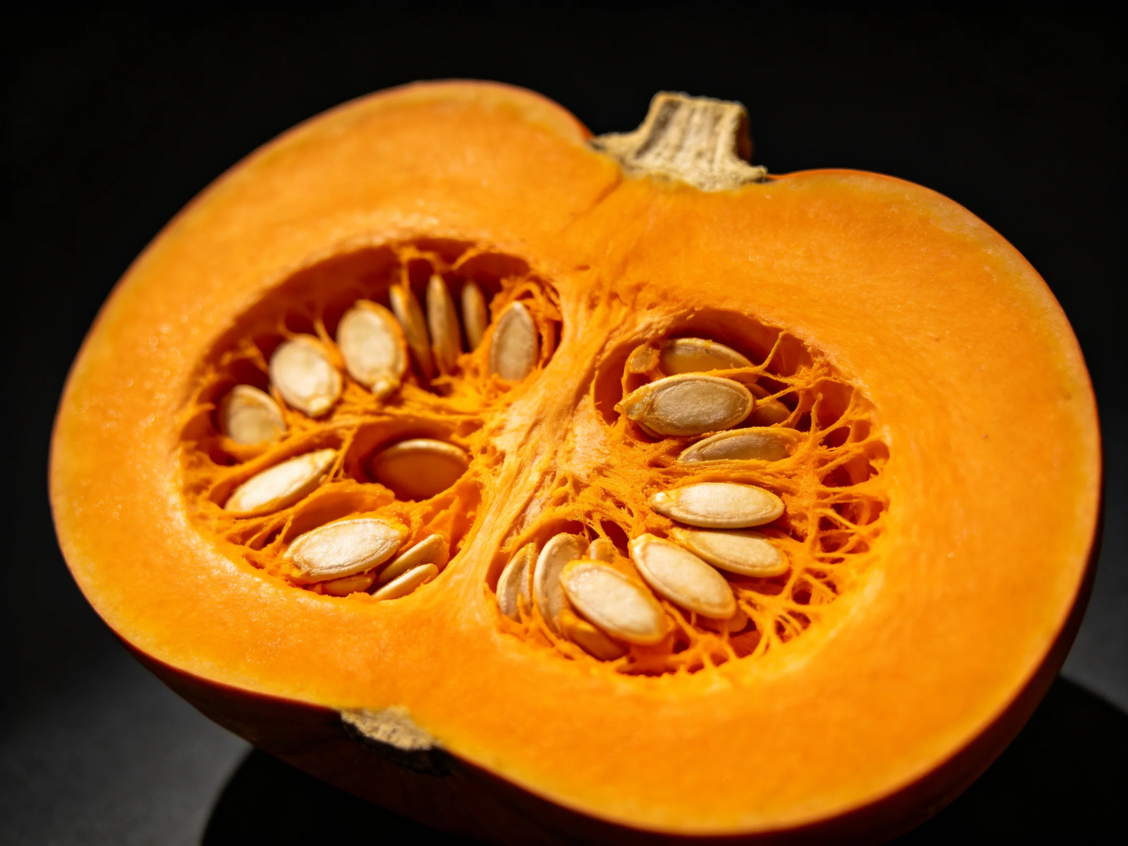 A halved orange squash with seeds and fibrous interior revealed