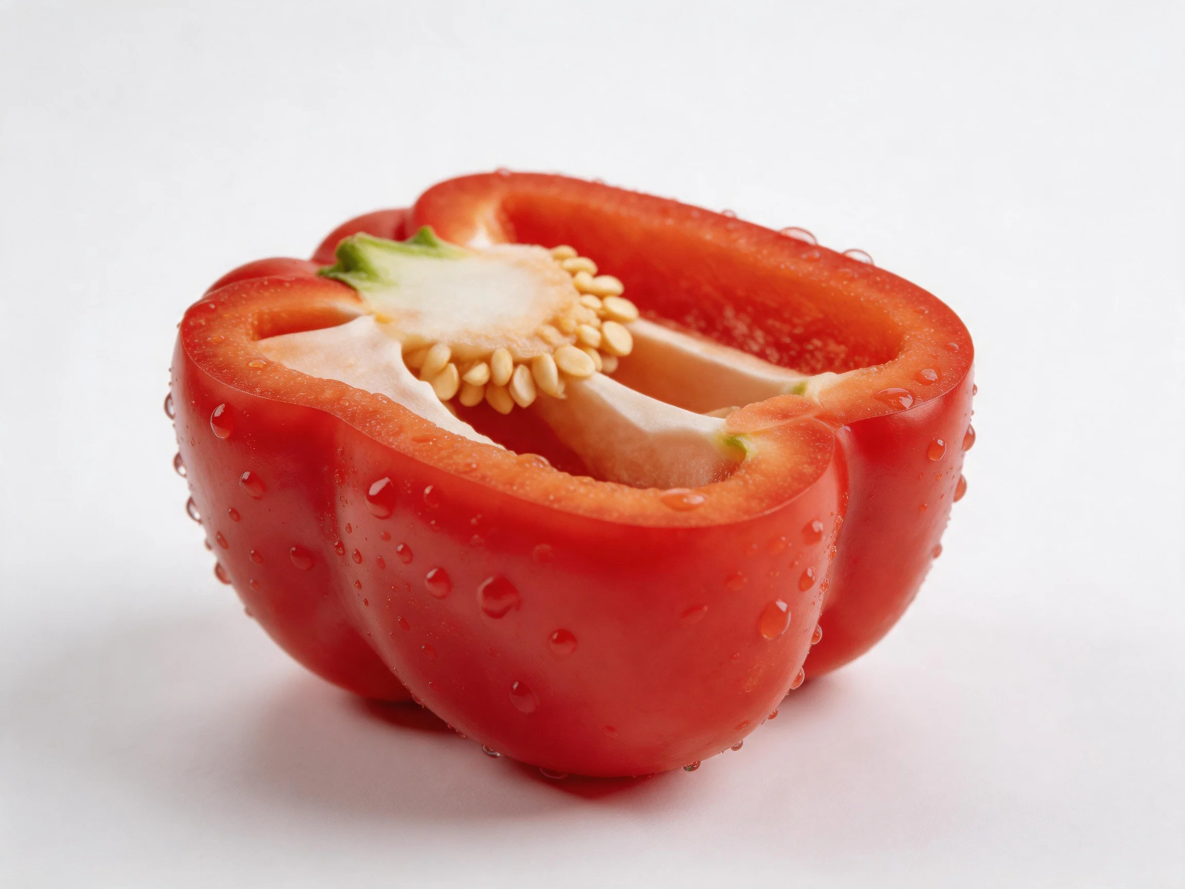 A halved red bell pepper with water droplets on vibrant flesh