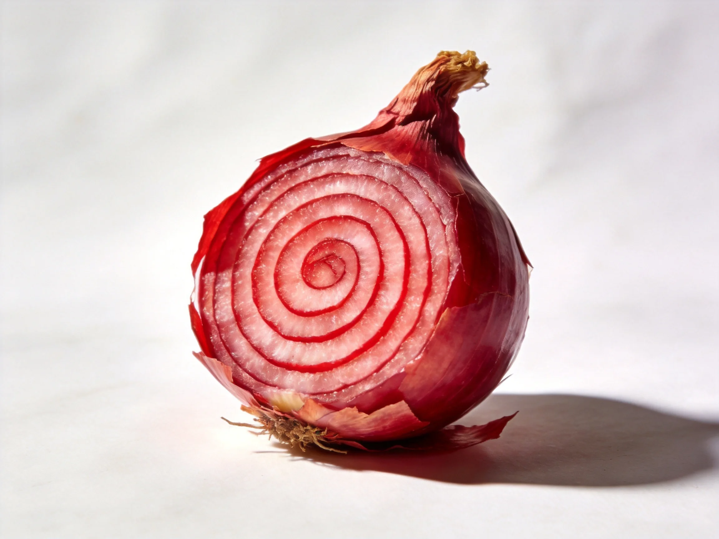 A halved red onion with vivid concentric rings on a white surface