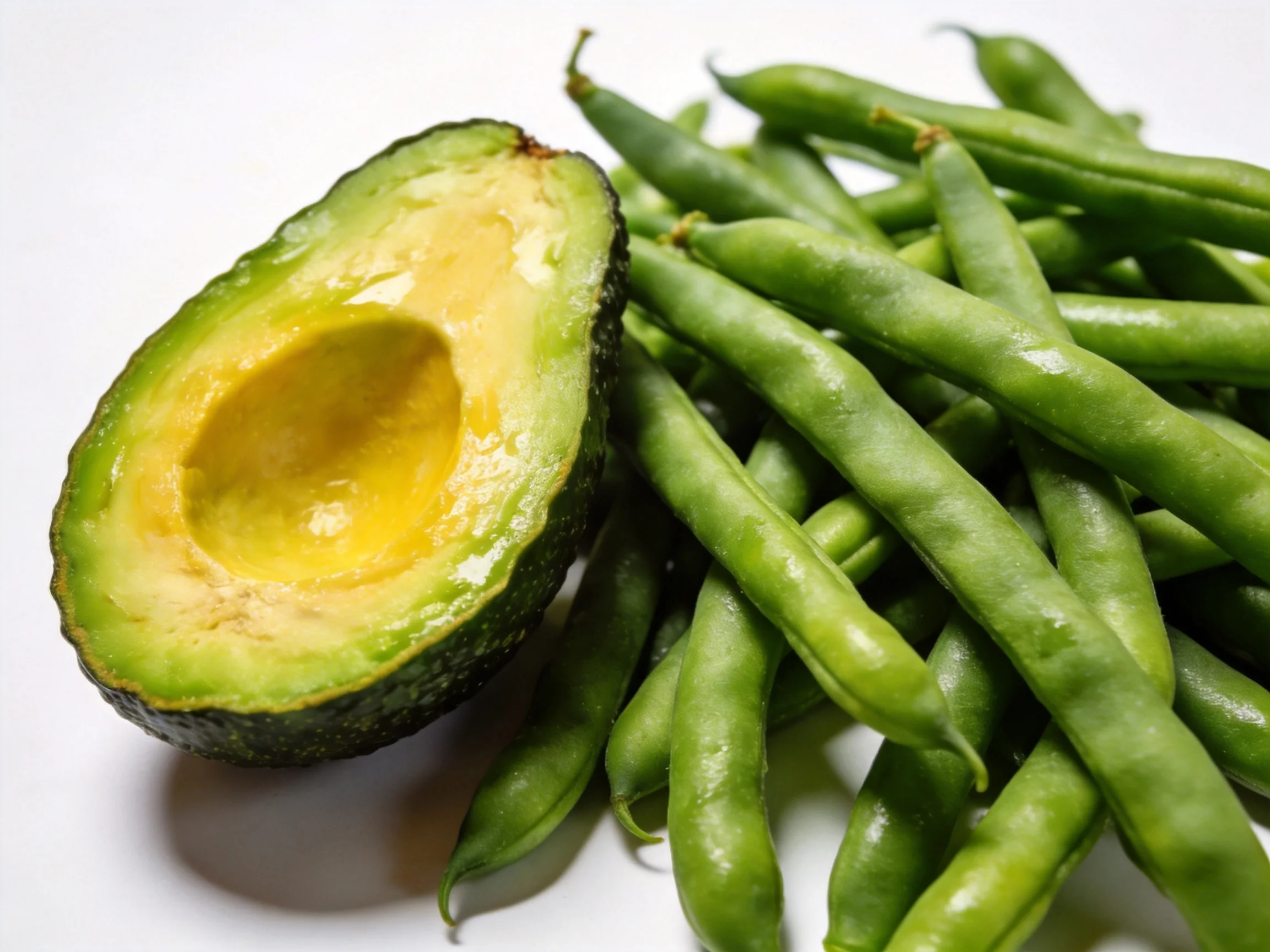 A halved ripe avocado beside fresh green beans on a white surface