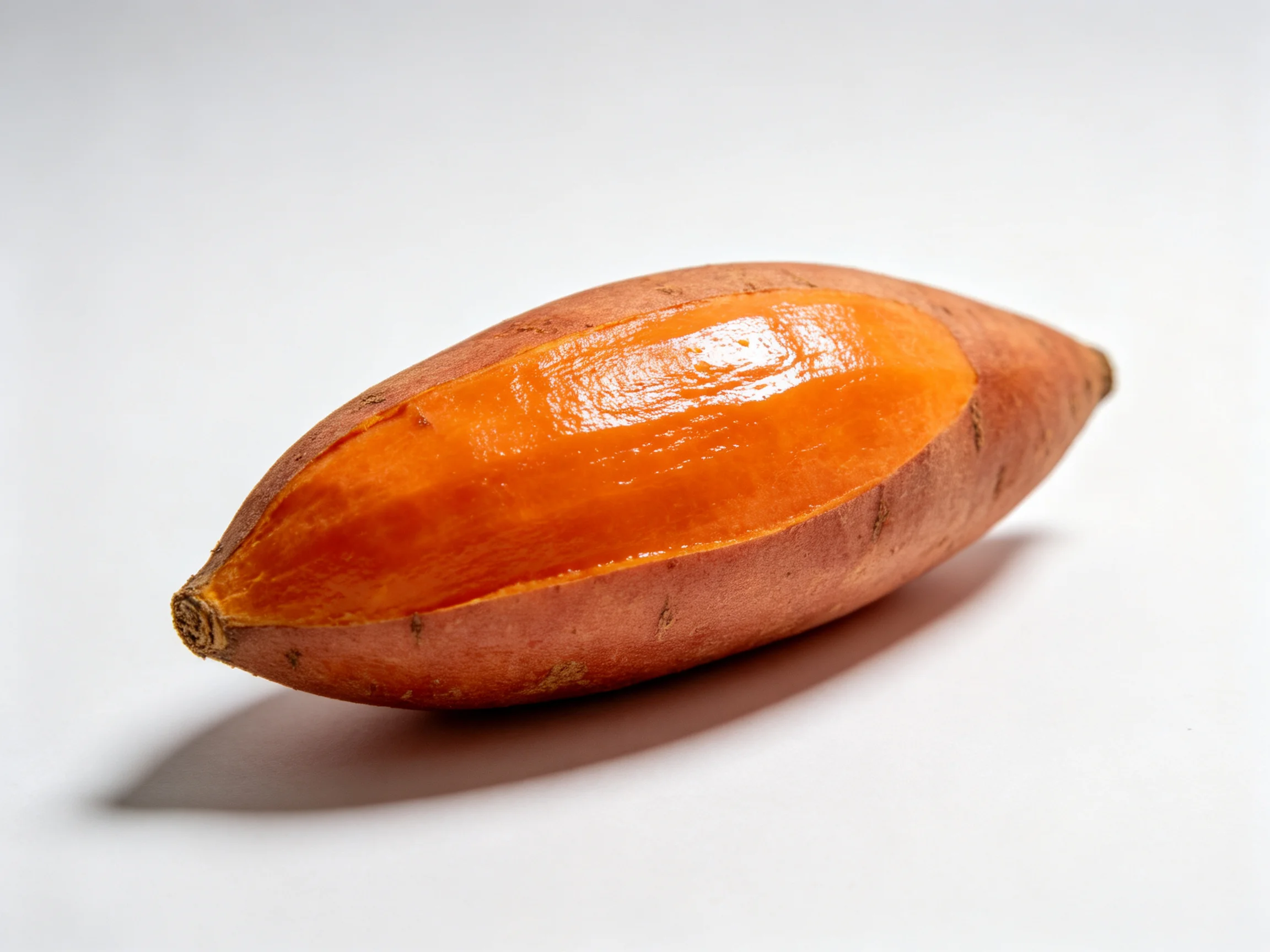 A halved sweet potato with vibrant orange flesh and earthy brown skin