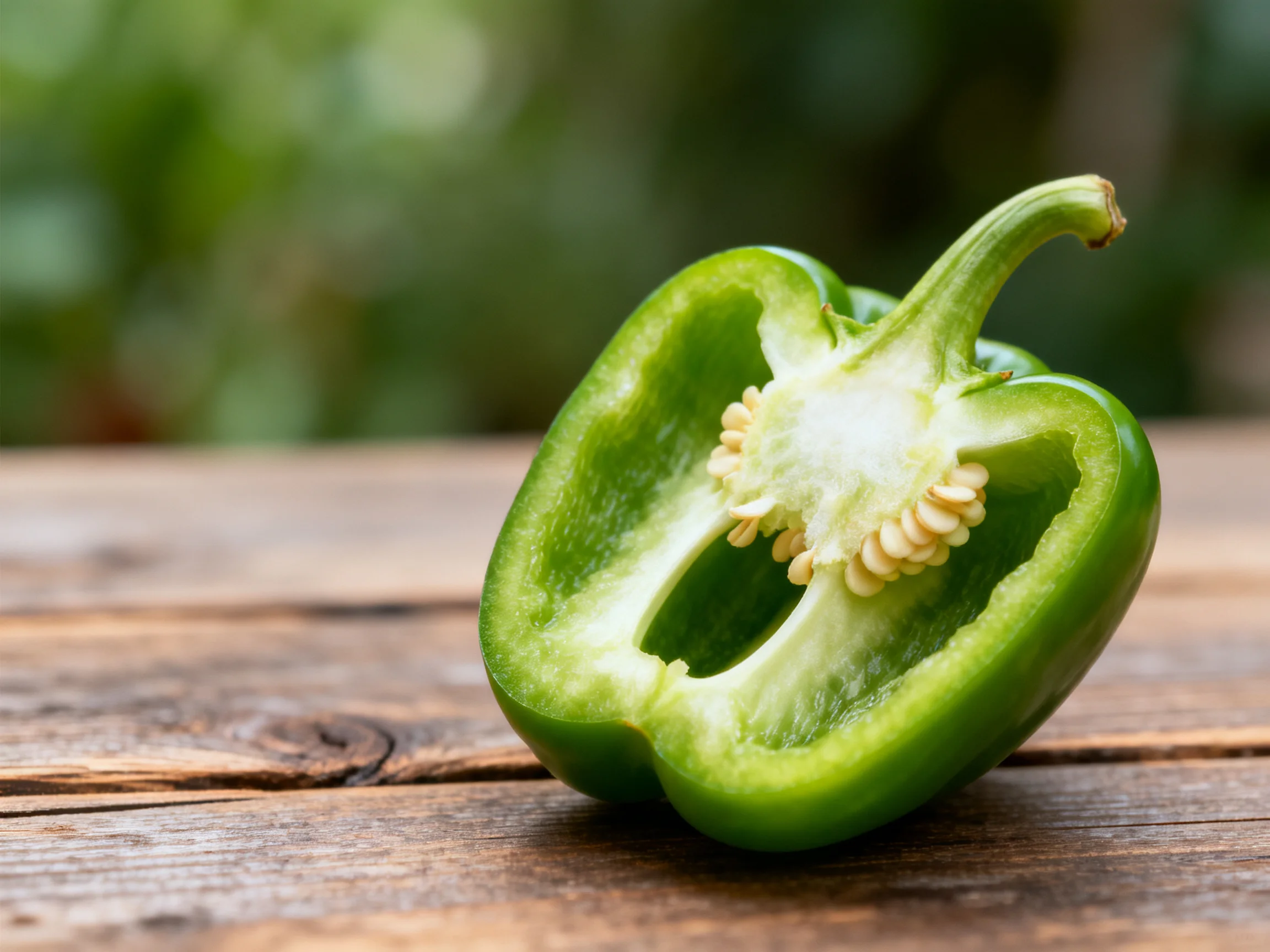 A halved vibrant green bell pepper rests on a rustic wooden surface