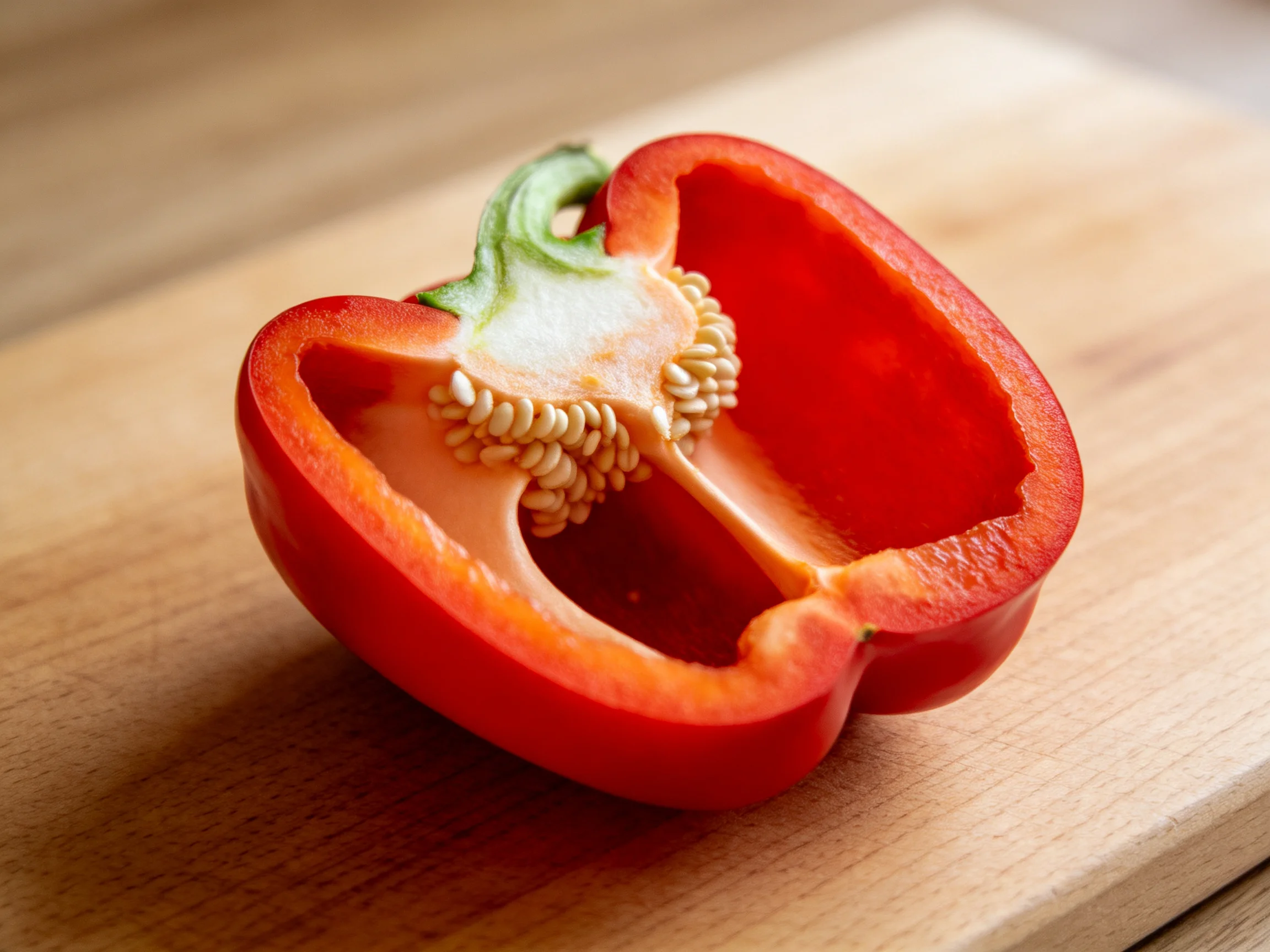 A halved vibrant red bell pepper rests on a wooden cutting board