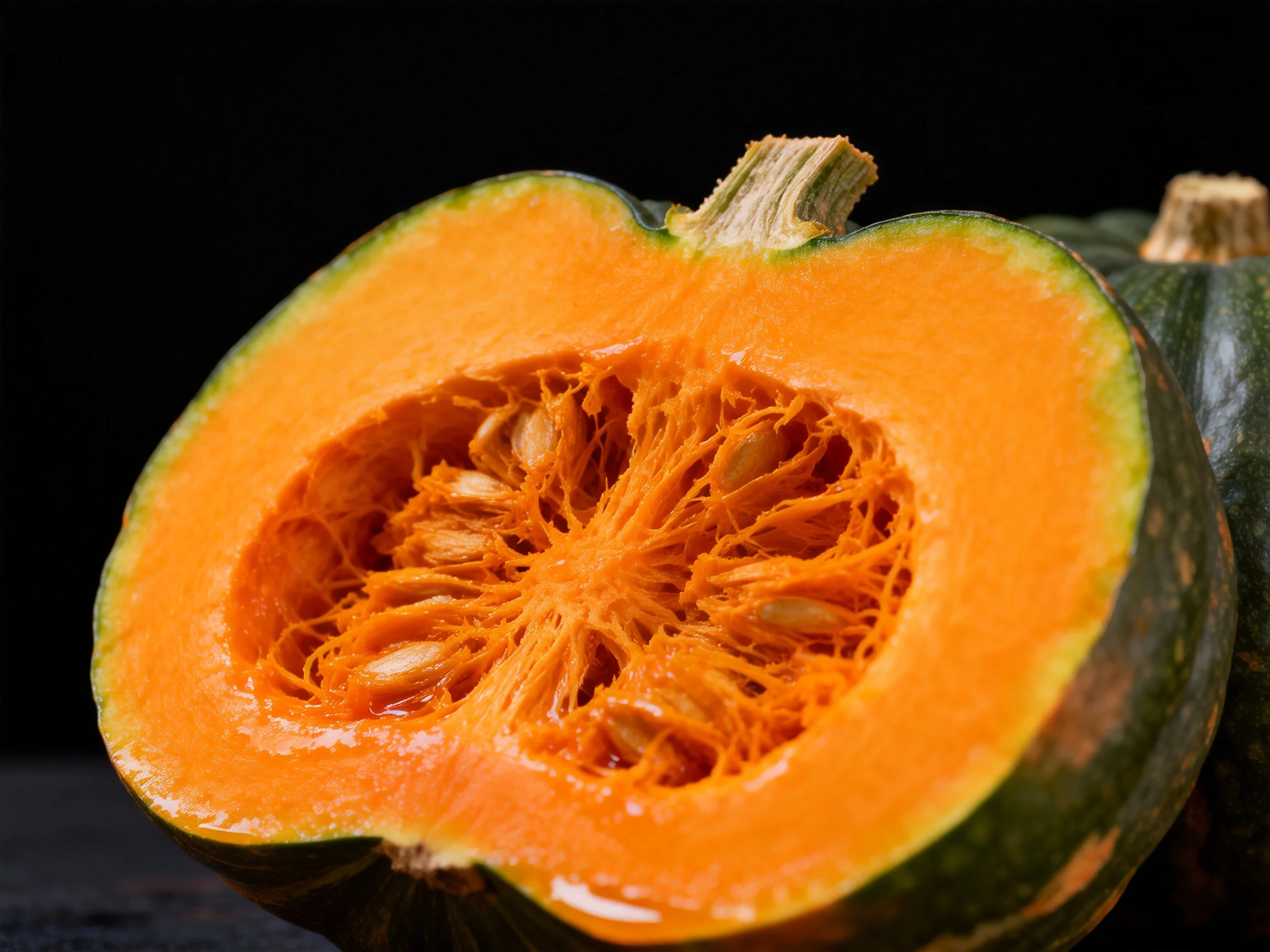 A halved winter squash with bright orange flesh and dark green exterior