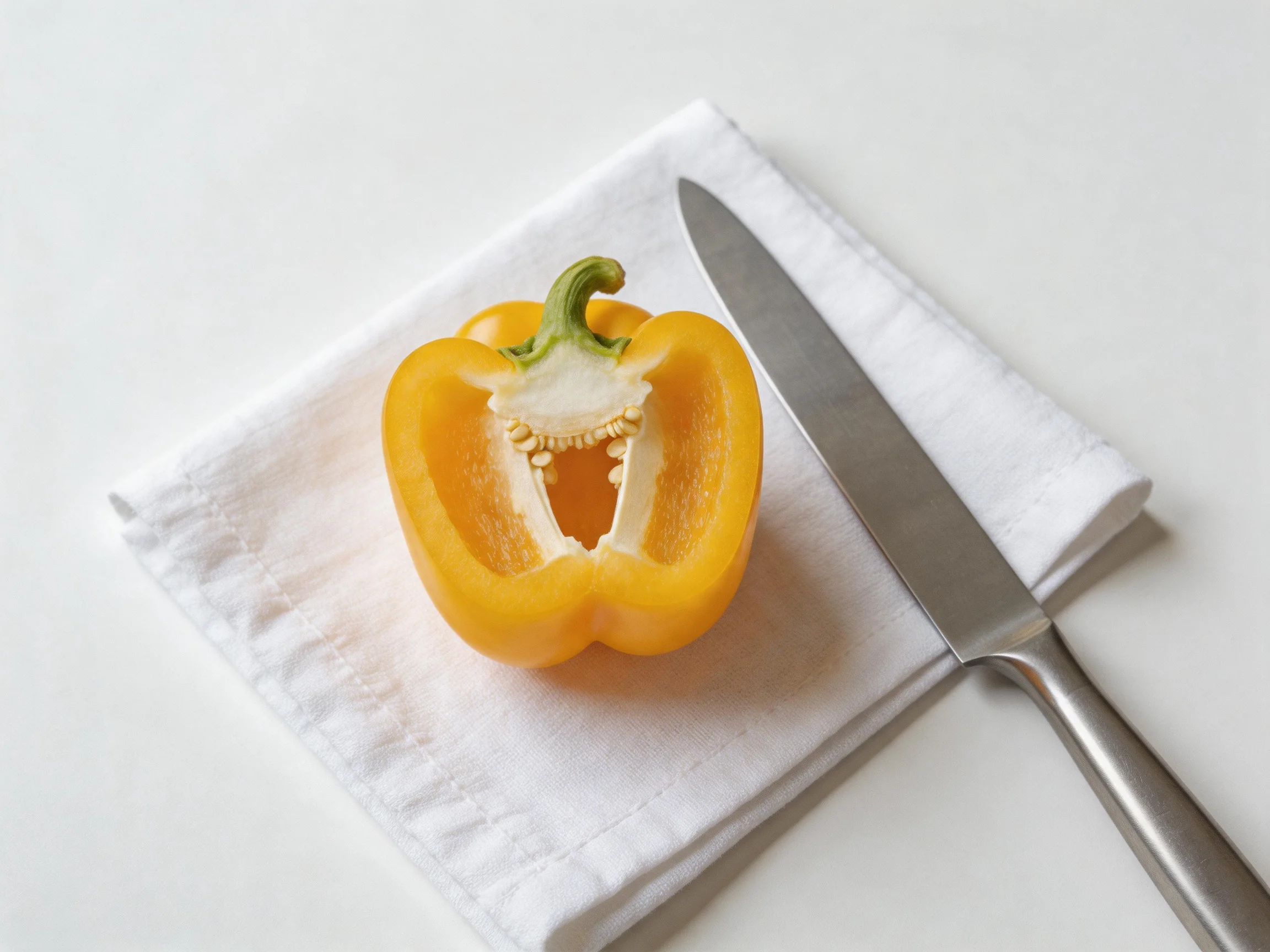 A halved yellow bell pepper and stainless steel knife rest on a white cloth