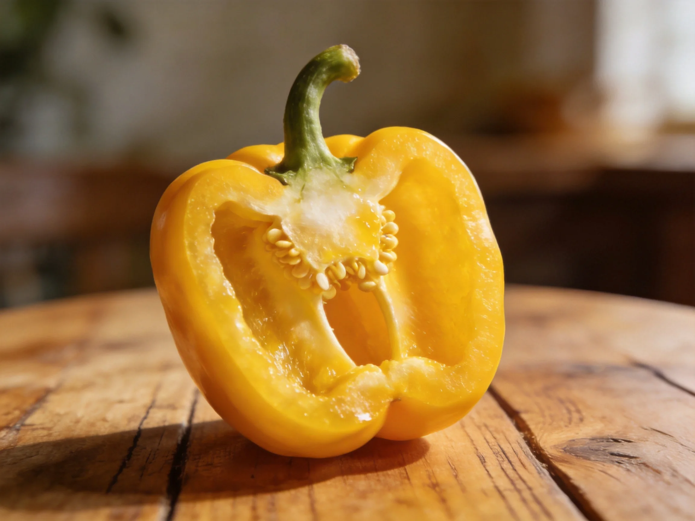 A halved yellow bell pepper sits on a rustic wooden table