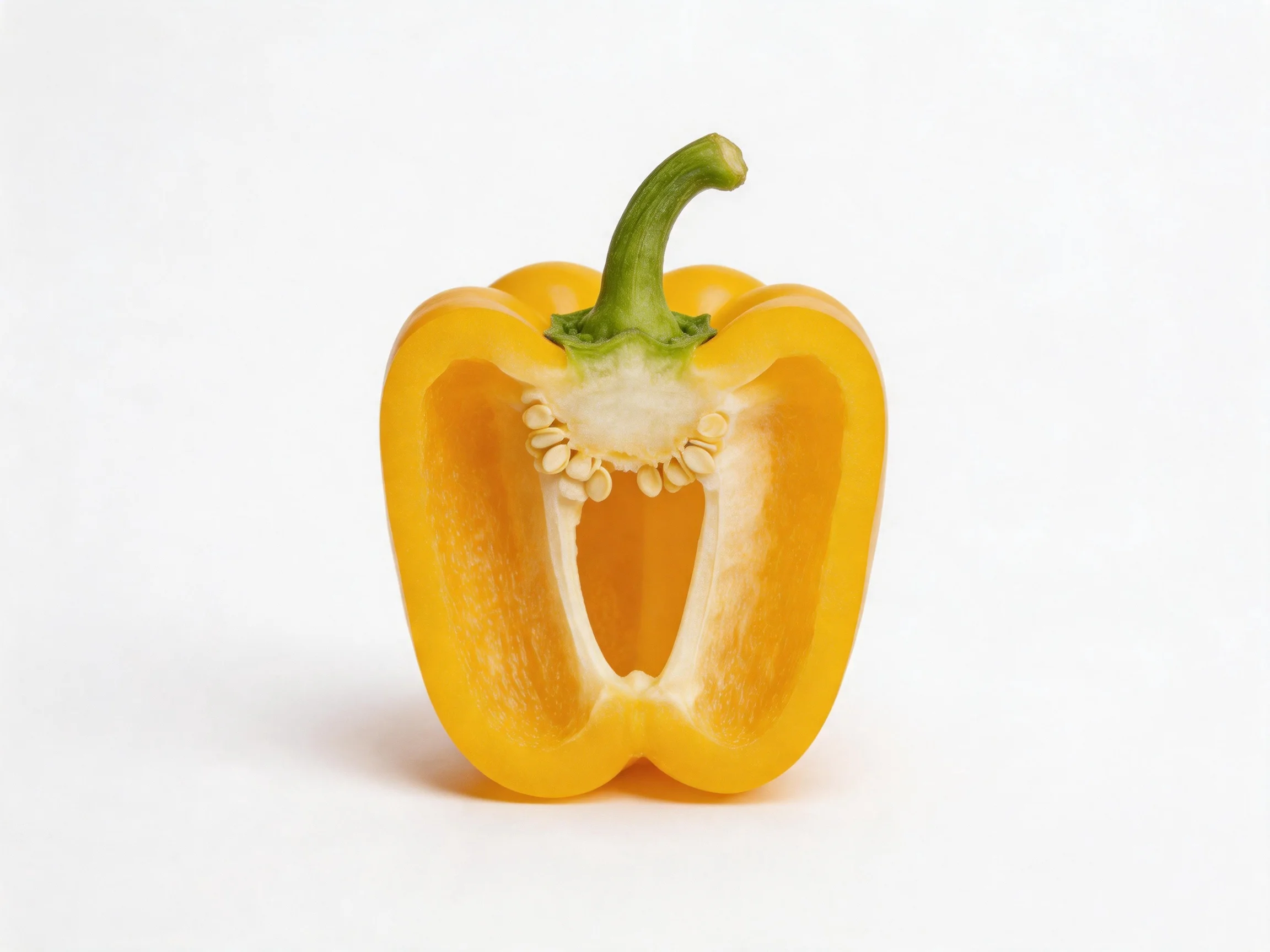 A halved yellow bell pepper with green stem and exposed seeds