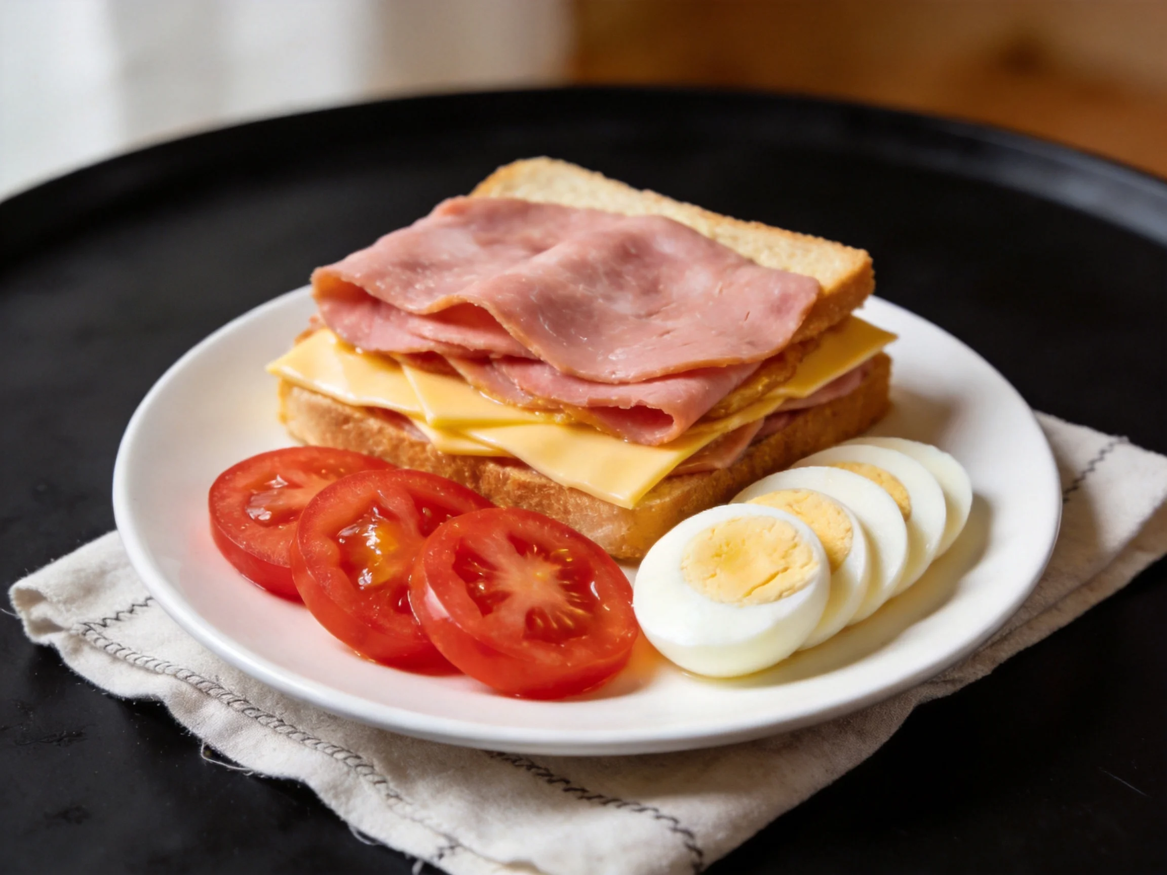A ham and cheese sandwich with tomato slices and hard-boiled egg slices