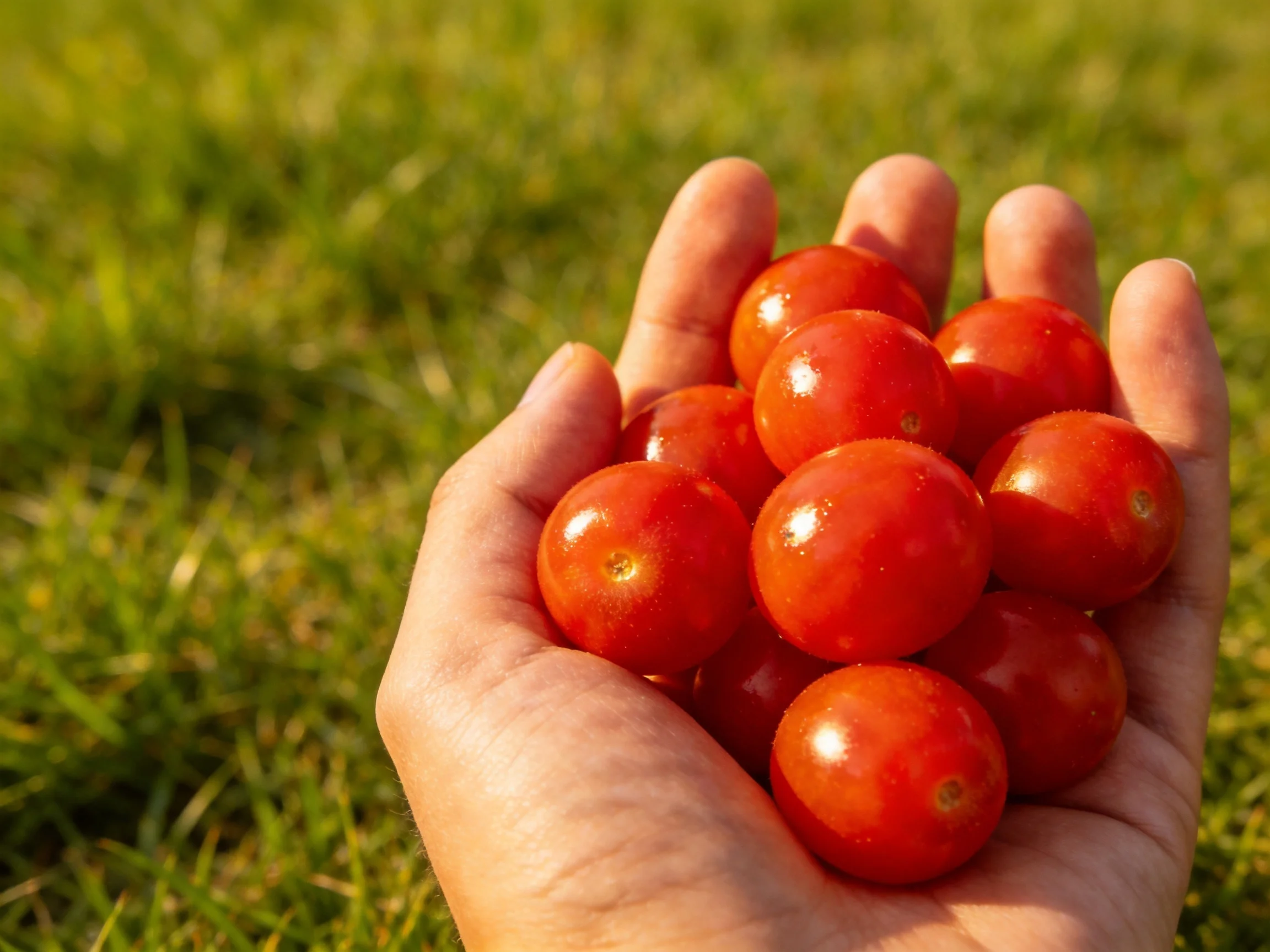 A hand cradles bright red cherry tomatoes near lush green grass