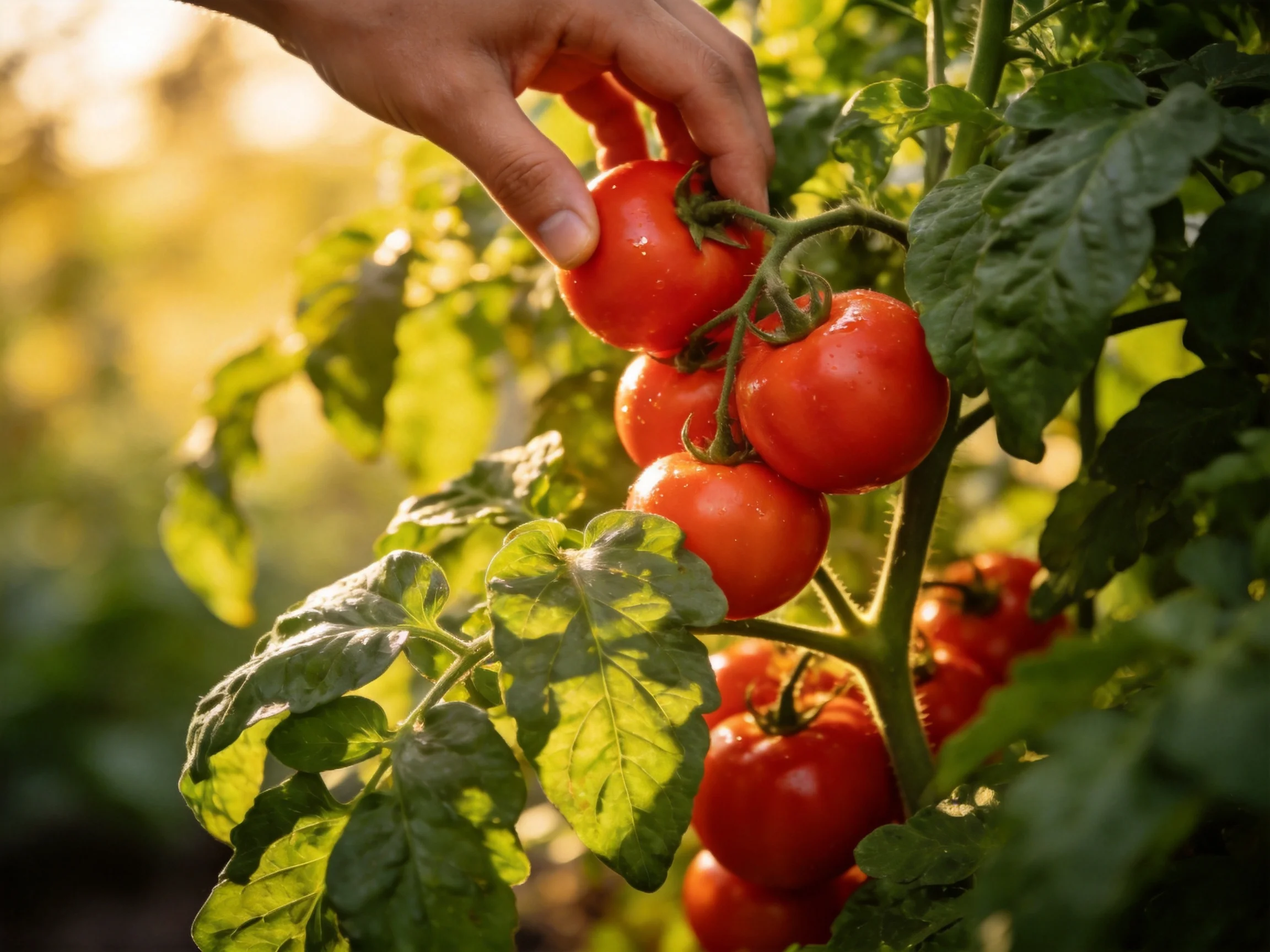 A hand harvesting plump red tomatoes from a lush green tomato plant