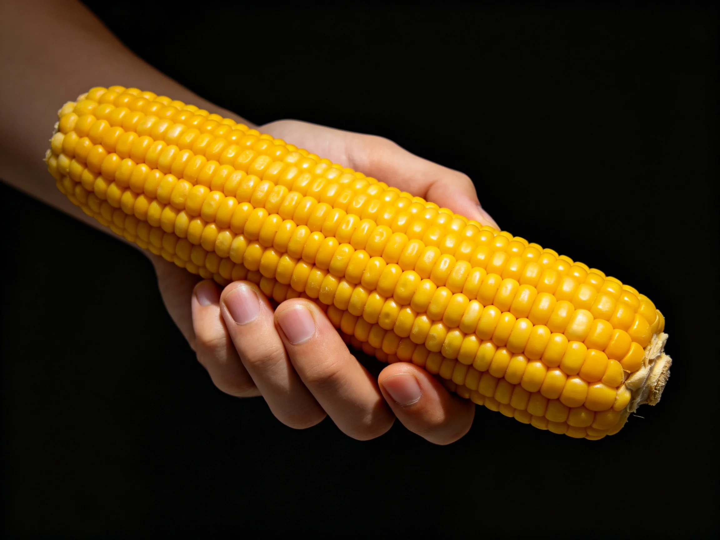 A hand holding a bright yellow ear of corn against a dark background
