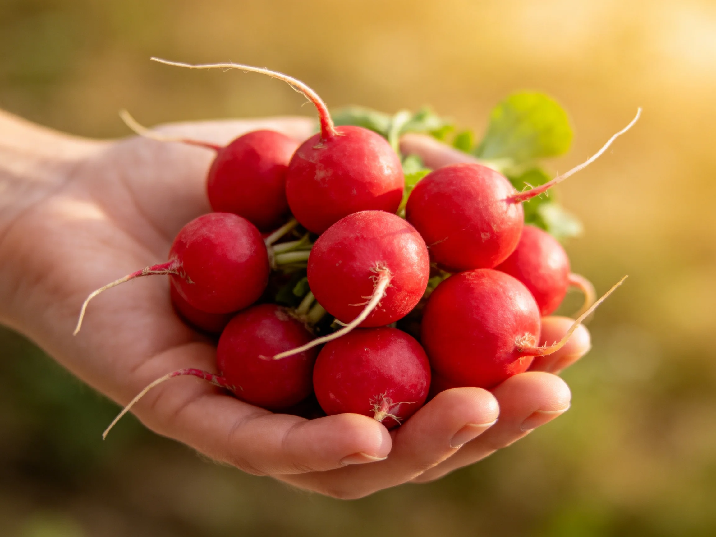 A hand holding a cluster of vibrant red radishes with green leaves